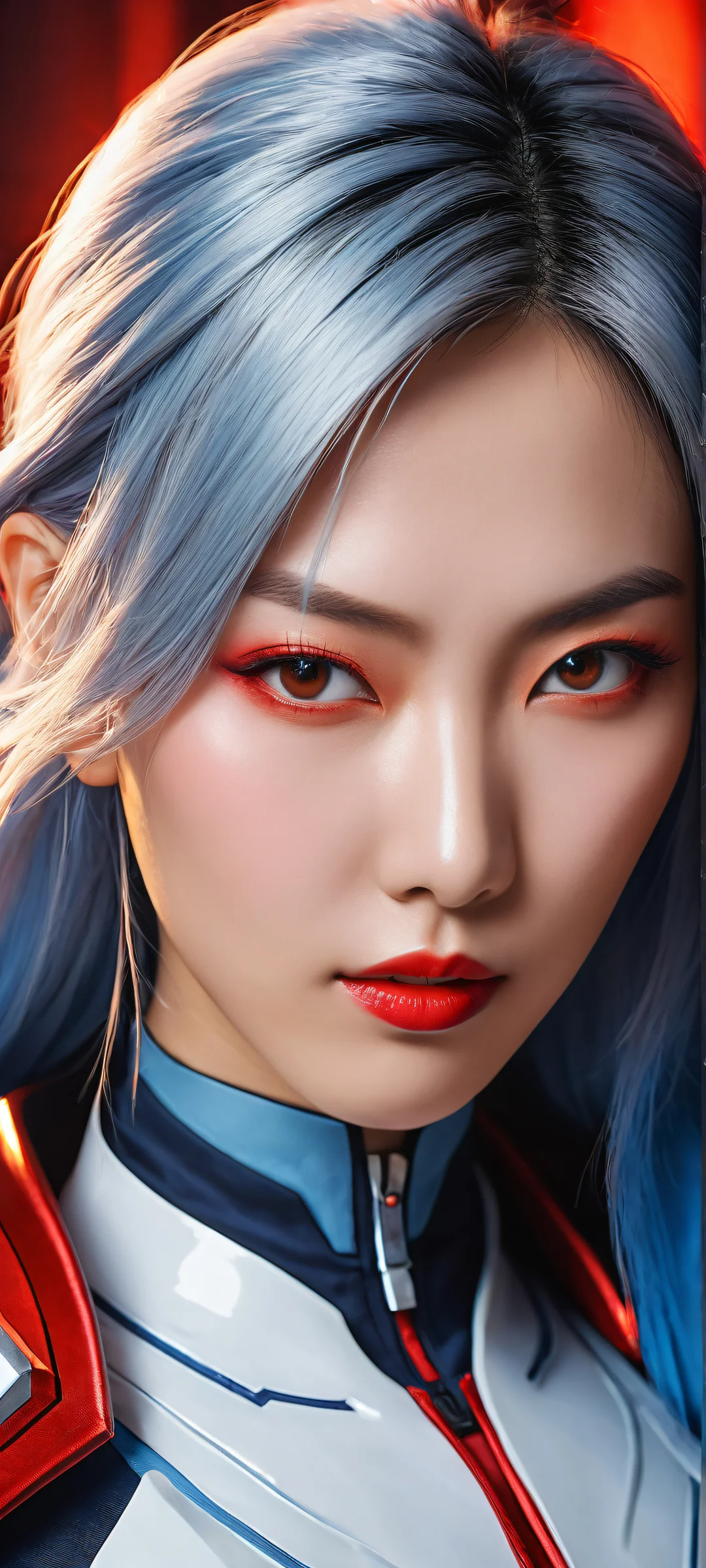 Asian cosplayer surrounded by valorant-inspired props and gun accessories. Perfectly clean top half for UI, with immersive environment in the lower half.