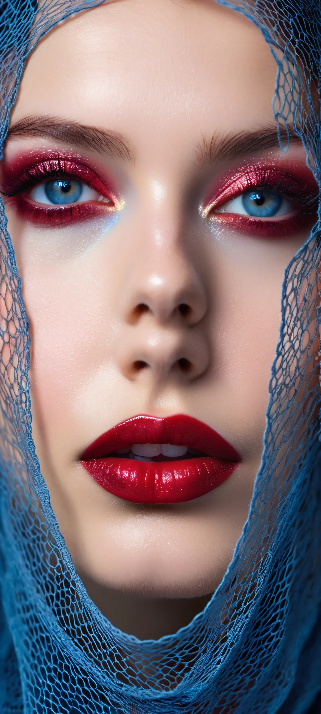 iPhone/Android mobile wallpaper featuring a stunning portrait with a dark mesh veil and neon blue lighting.