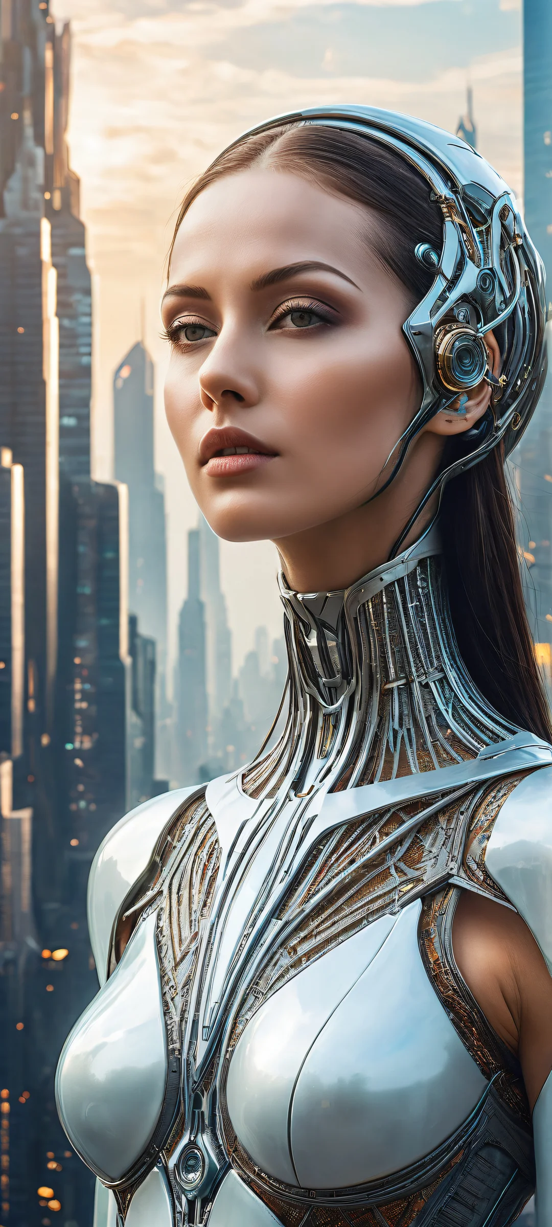 A futuristic female figure with biomechanical implants, Perfectamente optimizado para pantallas de inicio de iPhone y Android..