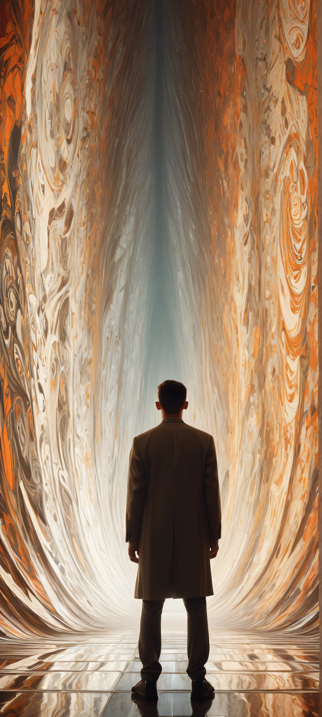 Breathtaking vertical artwork of figures placed in the lower-middle with intricate details, set against a vast pure void - perfect for iPhone/Android home screens.