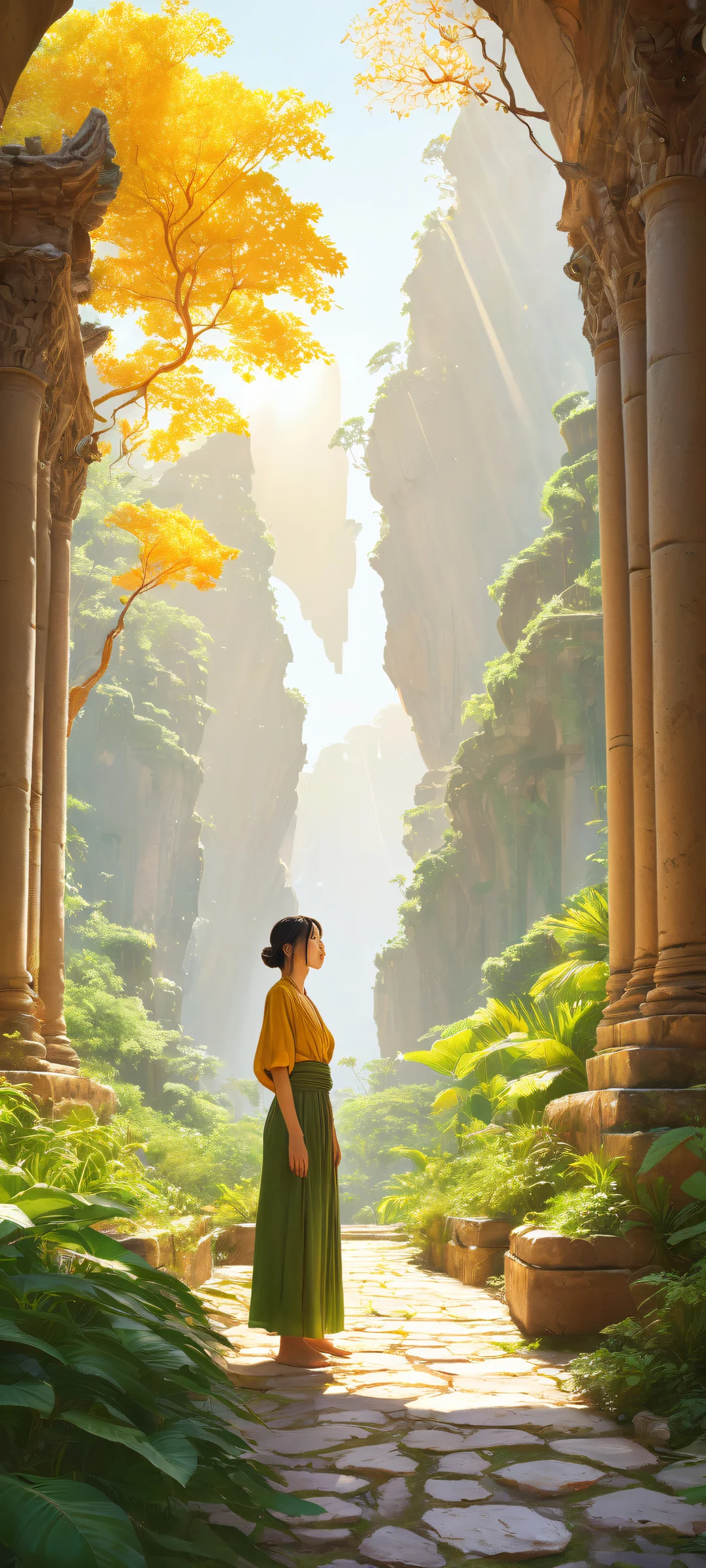 A lone figure stands amidst the ruins, surrounded by overgrown leaves and ancient structures. Perfectly optimized for iPhone/Android home screens.