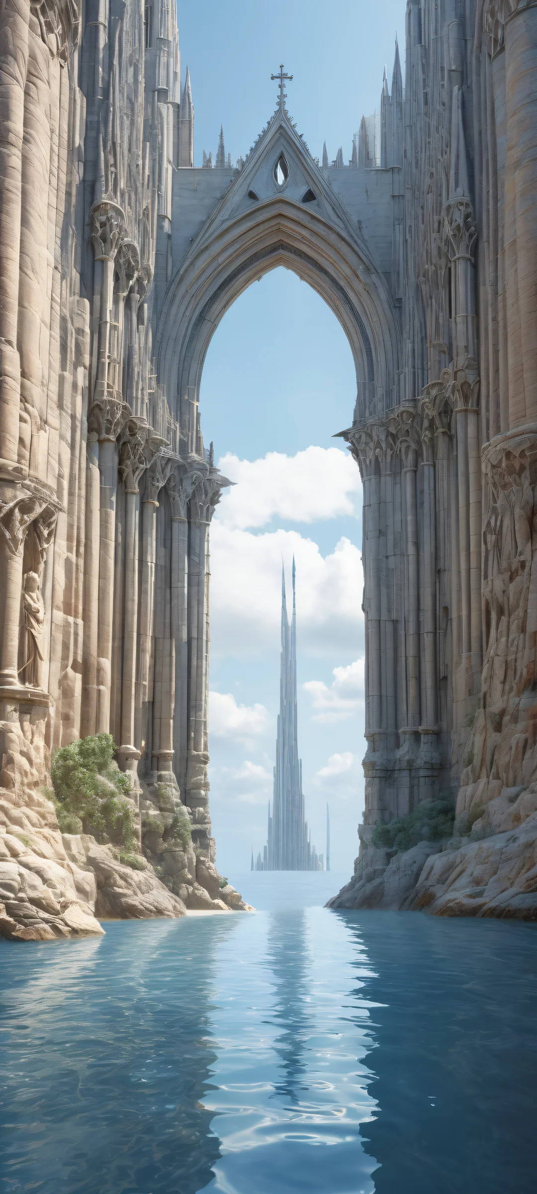 A stunning digital artwork of a gothic-inspired humanoid figure kneeling in an ocean, with intricate details and ethereal lighting, perfekt für iPhone/Android-Startbildschirme.