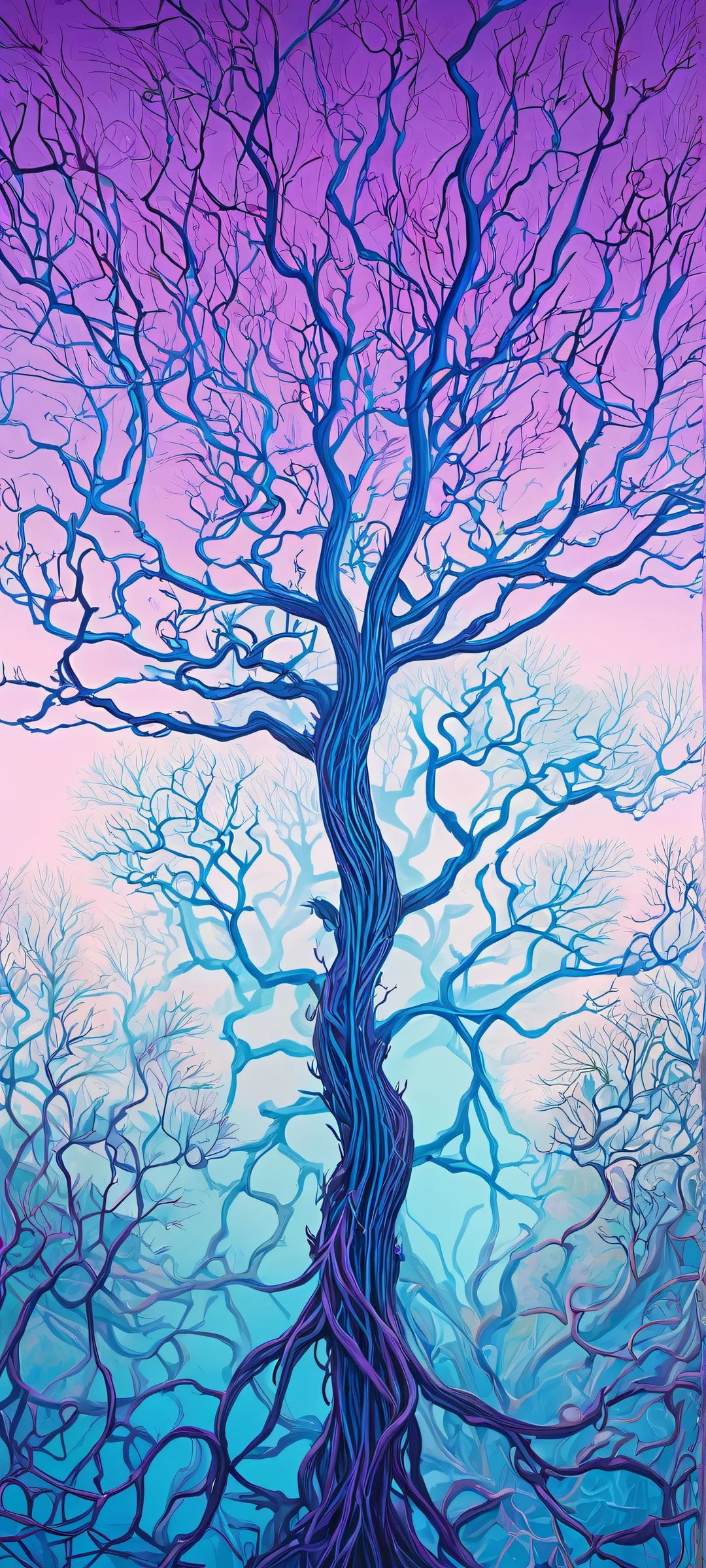 Dendrite vines and surreal biotech fantasy landscape on a pristine void background, perfekt für iPhone/Android-Startbildschirme.