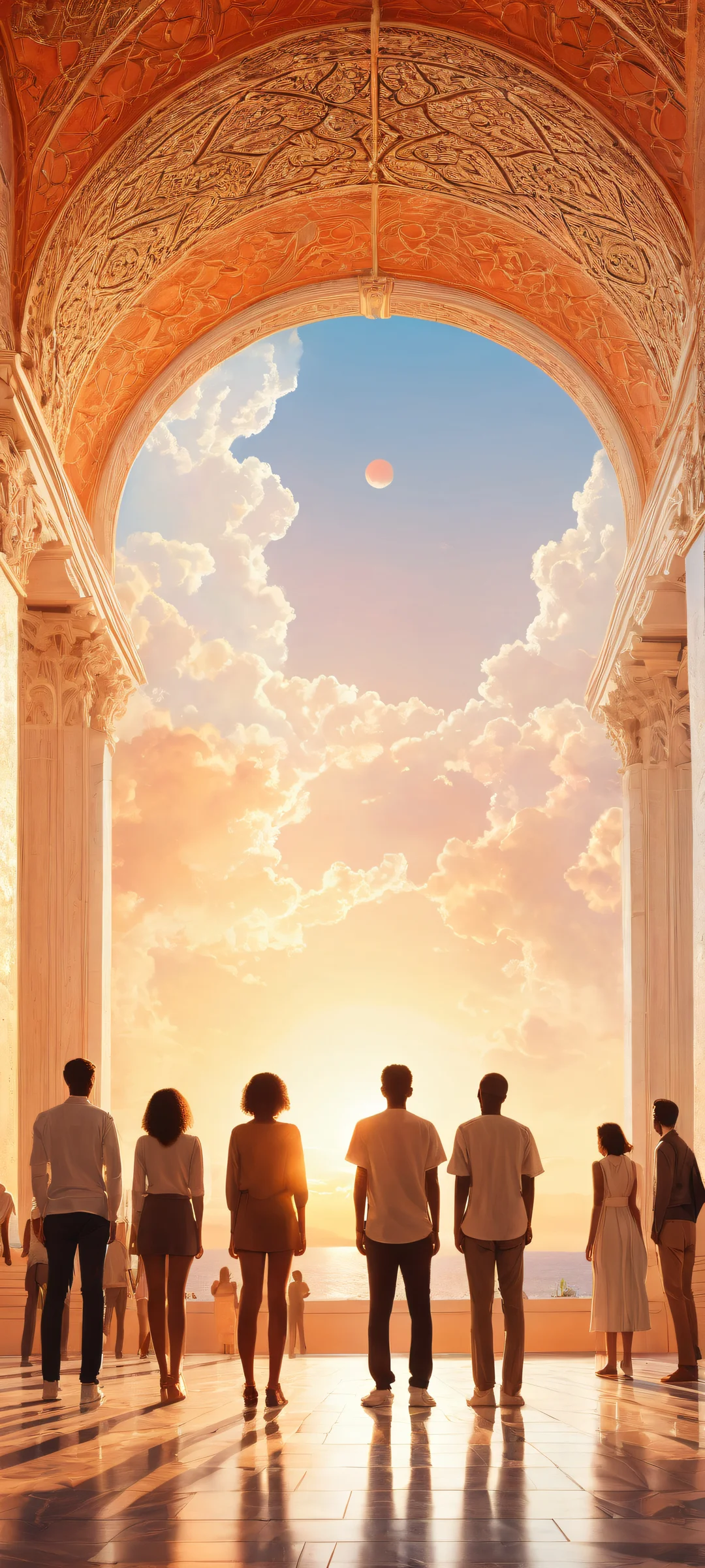 A group of people amidst breathtaking ethereal vistas on your iPhone or Android device.