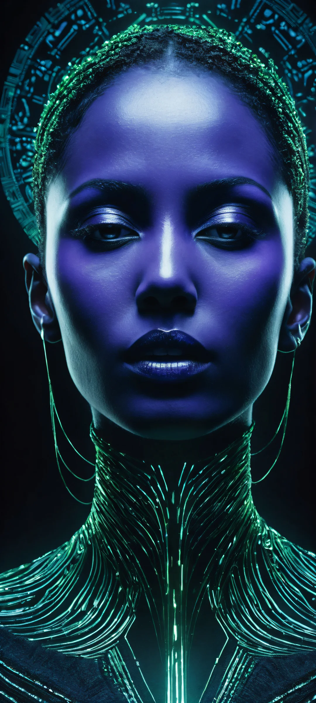 A breathtaking portrait of a mysterious circuitry artwork with eerie green tones, perfectly clean top half and iPhone/Android compatible.