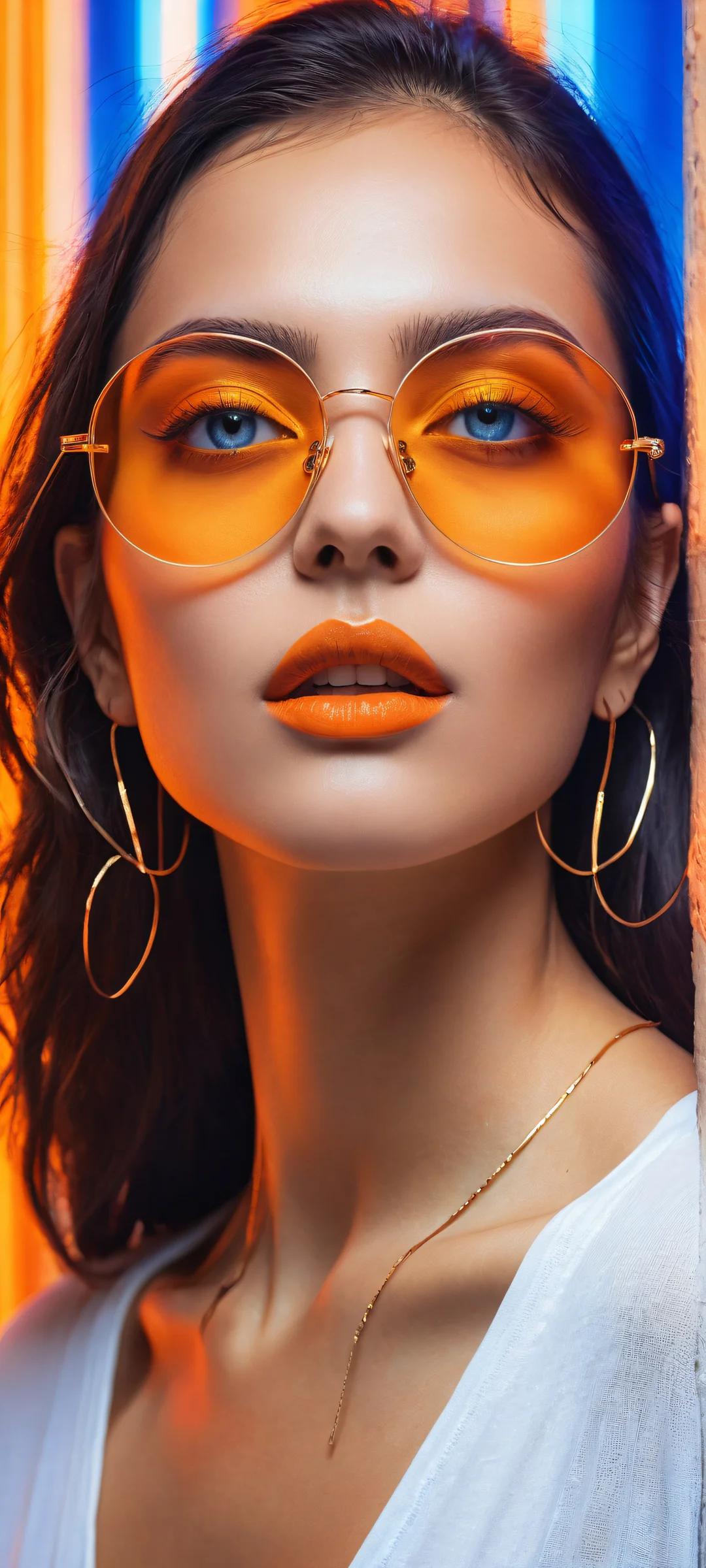 Young woman with transparent glasses and yellow shirt amidst a swirling vortex of blue and orange neon lights, perfectly optimized for iPhone/Android home screens.