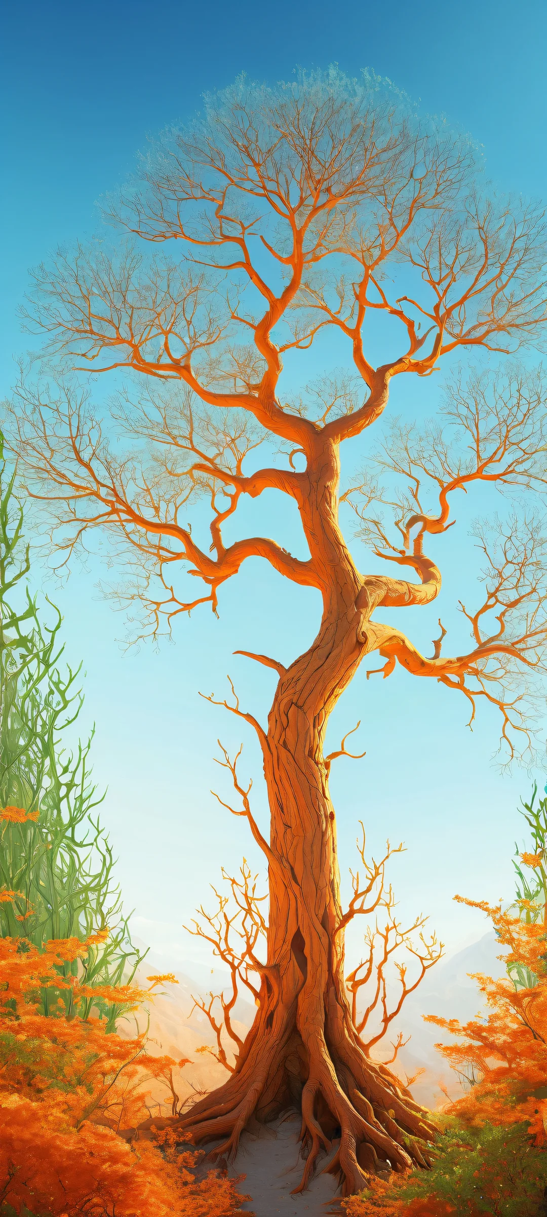 A stunning vertical portrait of nerve trees on iPhone and Android devices. Vibrant nerve grass and plant life thrive below, while the top half remains pristine and empty, showcasing ethereal lighting.