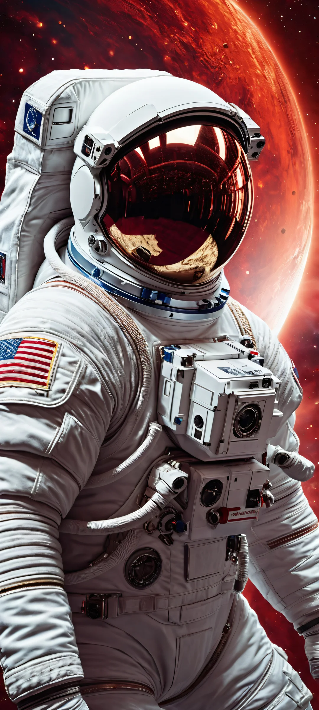 Astronaut floating in space with vibrant red particles and a stunning cosmic backdrop for iPhone/Android