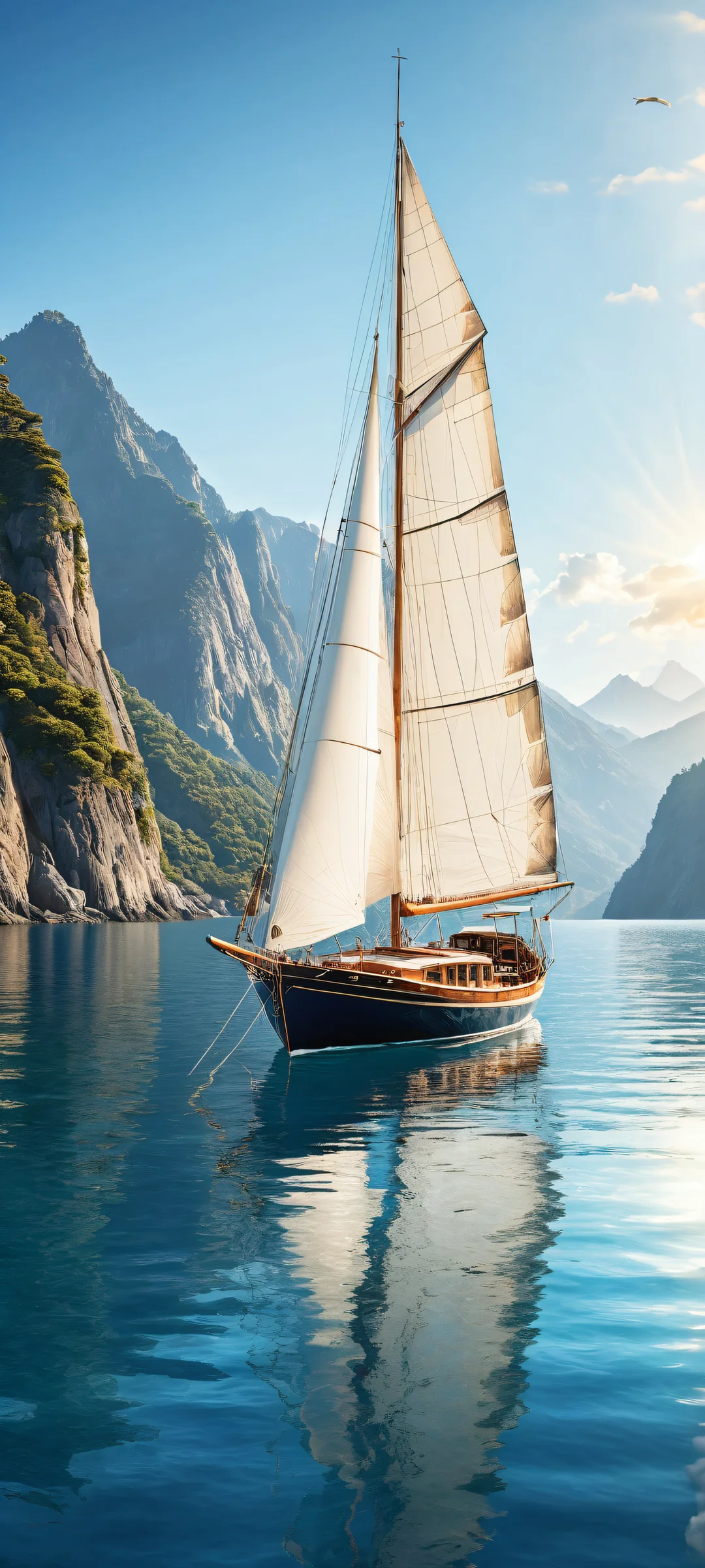 A serene boat scene for iPhone/Android featuring intricate details and a vast blue landscape in the background, perfecto para pantallas de inicio.