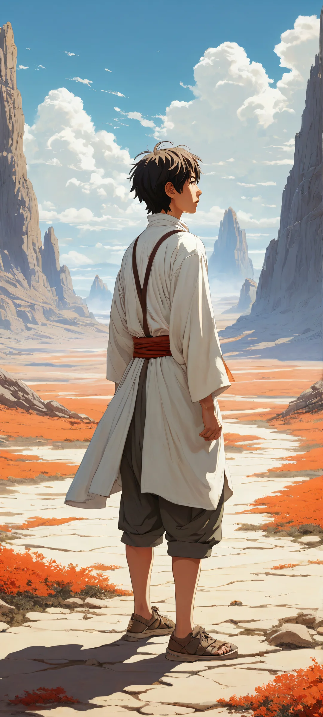 An ethereal wanderer stands in a vast barren land, surrounded by intricate details of layered fabric and crumbling edges. Perfectly optimized for iPhone, Samsung Galaxy, and Android home screens.