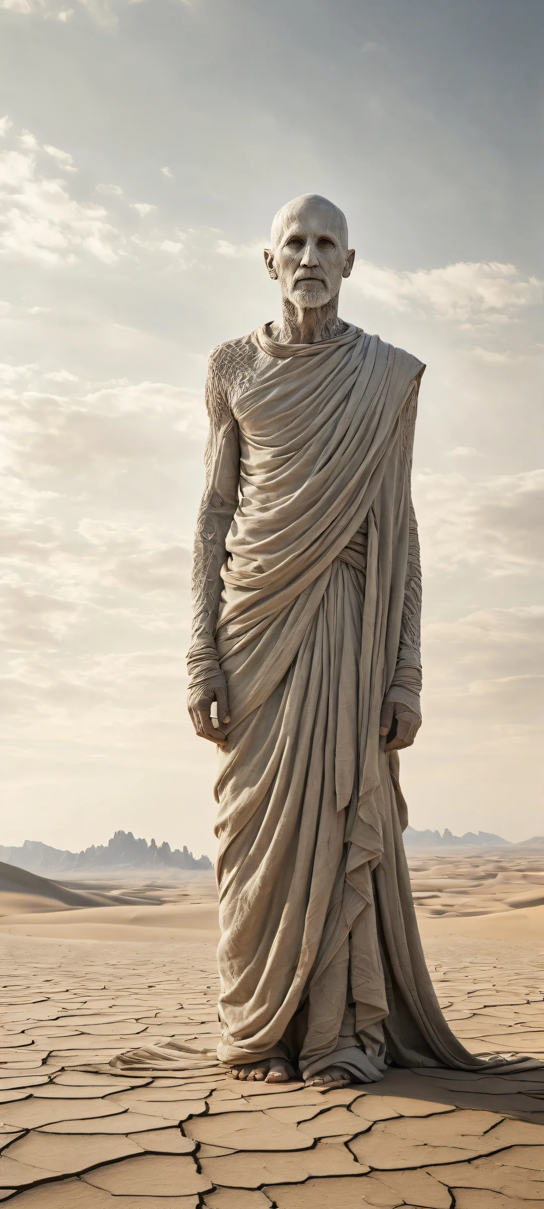 A figure wearing layers of ash-like fabric stands amidst an open barren landscape on your iPhone/Android home screen.