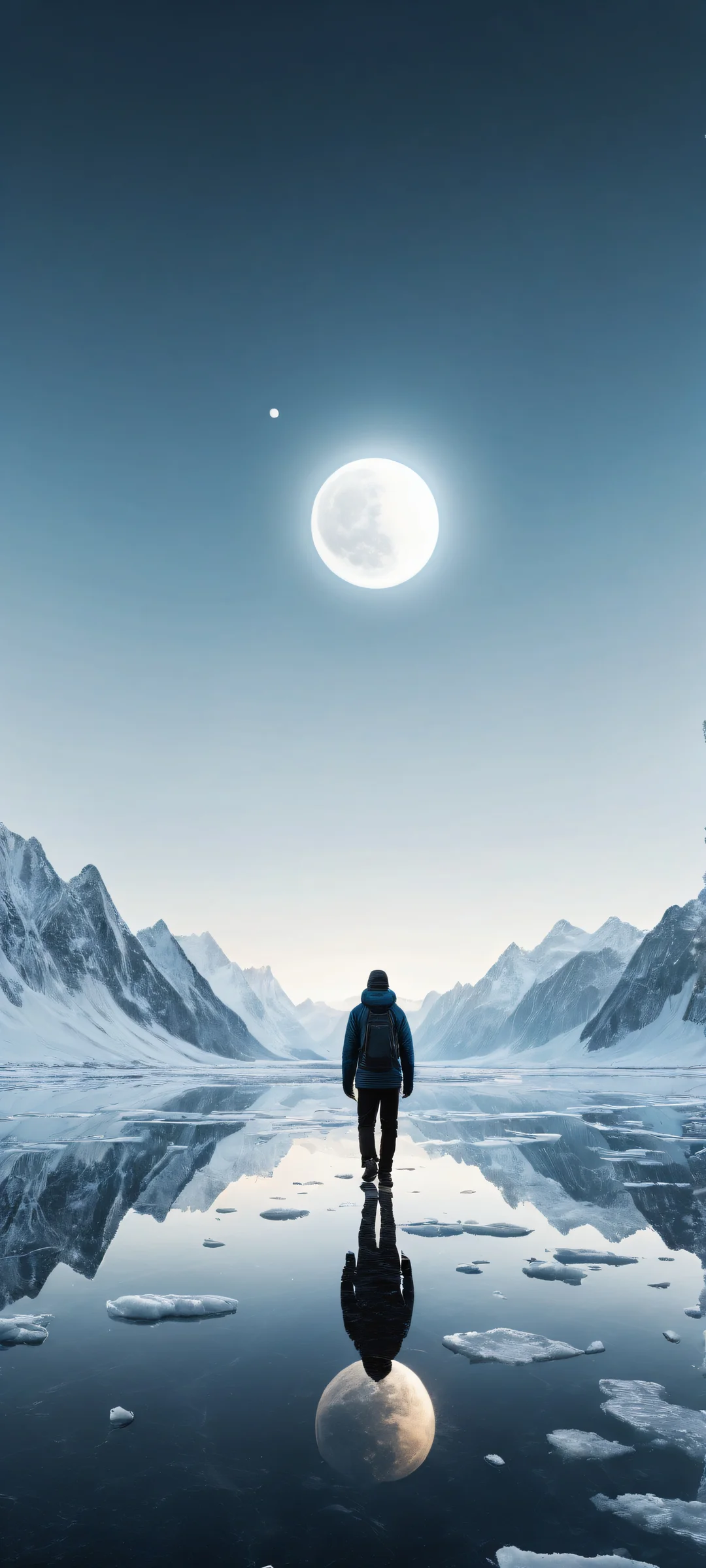 A lone wanderer walks on a frozen lake during an eclipse. Perfecto para pantallas de inicio de iPhone/Android.