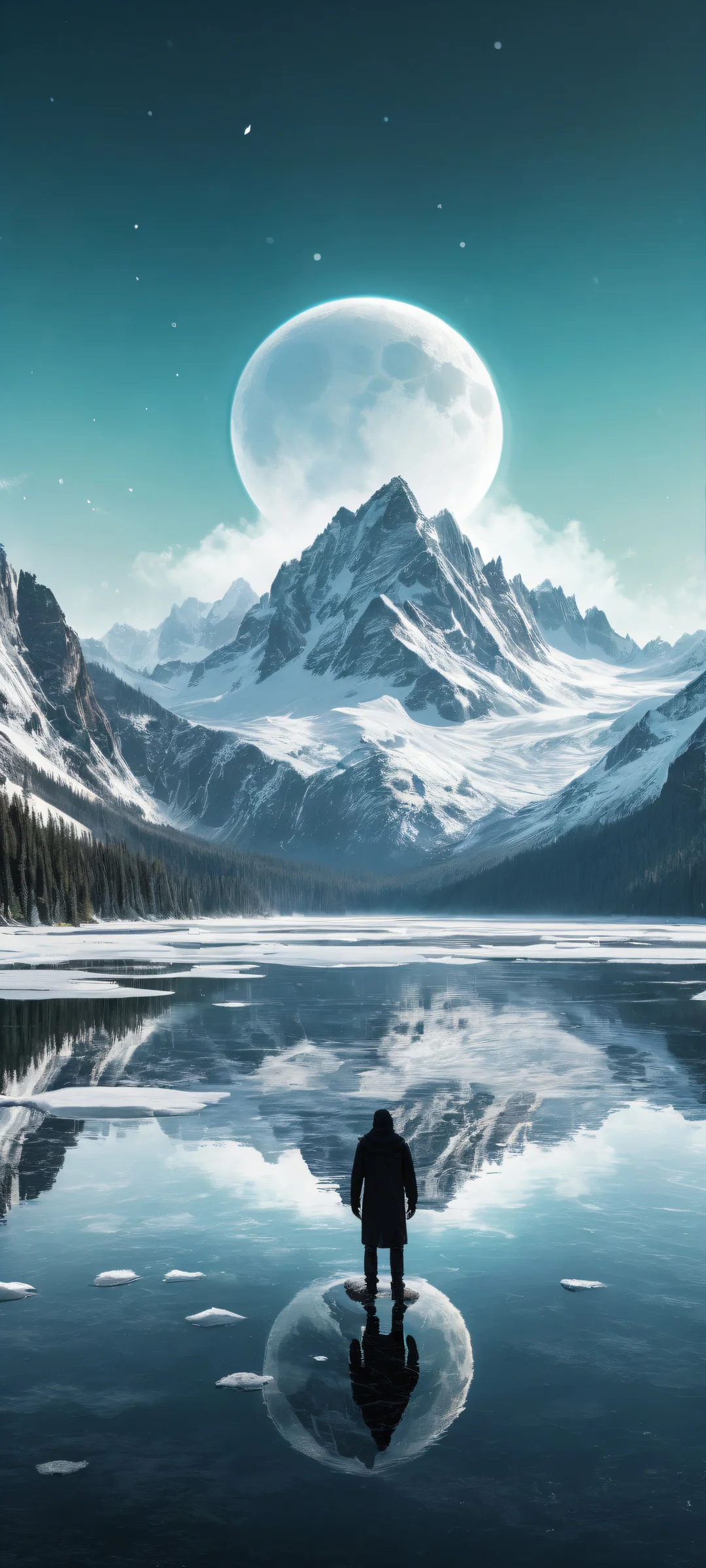 A lone wanderer stands amidst a dark tattered shroud and an epic black eclipse, with an iPhone/Android device in the background.