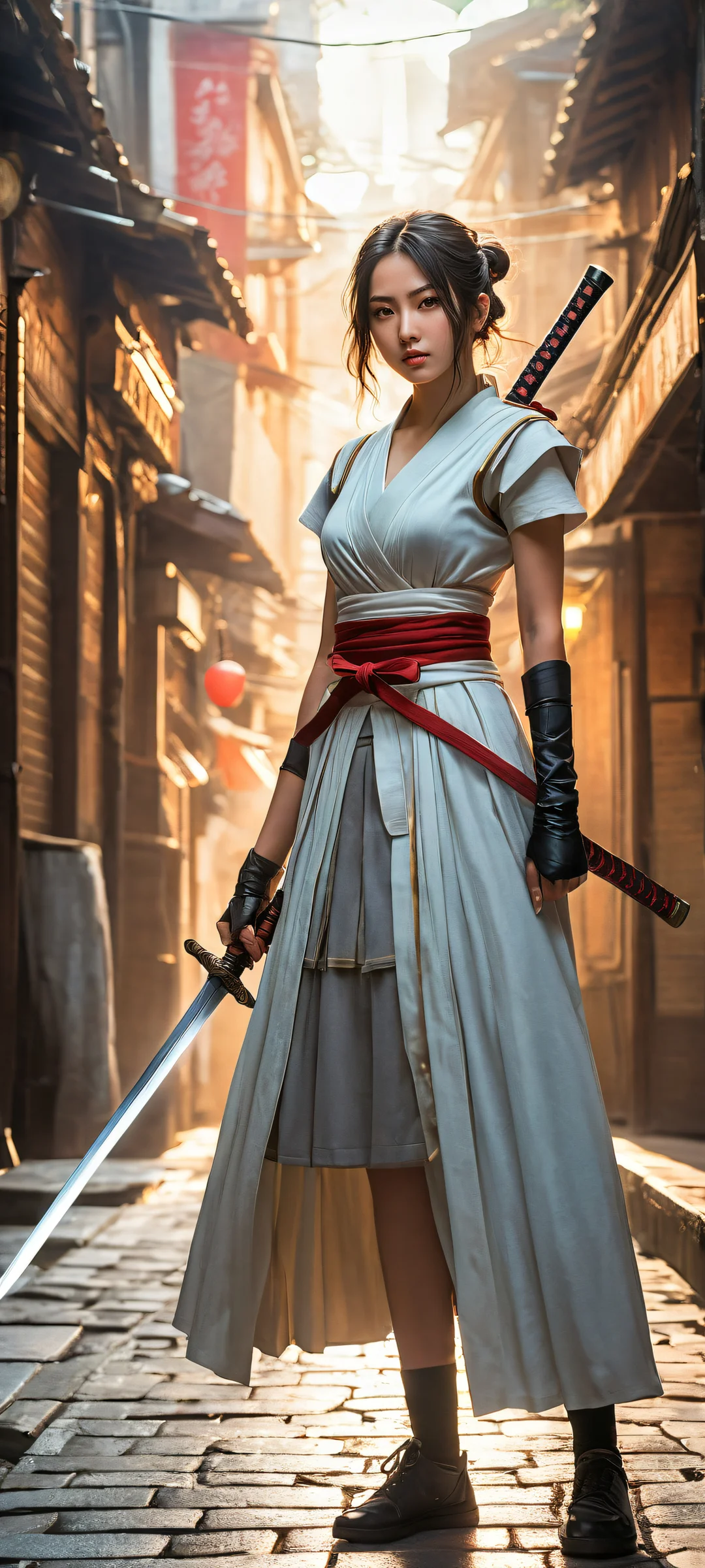 A striking anime girl wields a katana in an alleyway setting, perfectly optimized for iPhone and Android home screens.