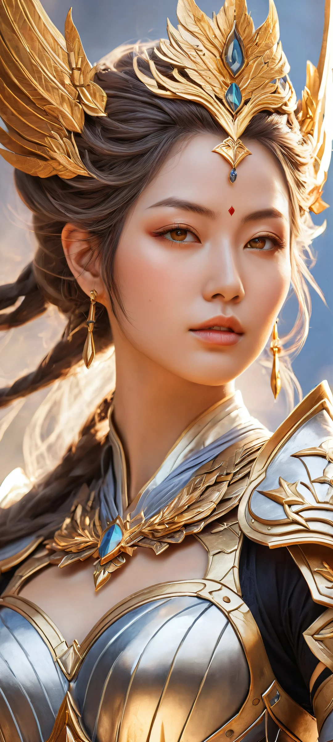A lone warrior princess stands out against a serene background, perfeitamente otimizado para telas iniciais de iPhone e Android.