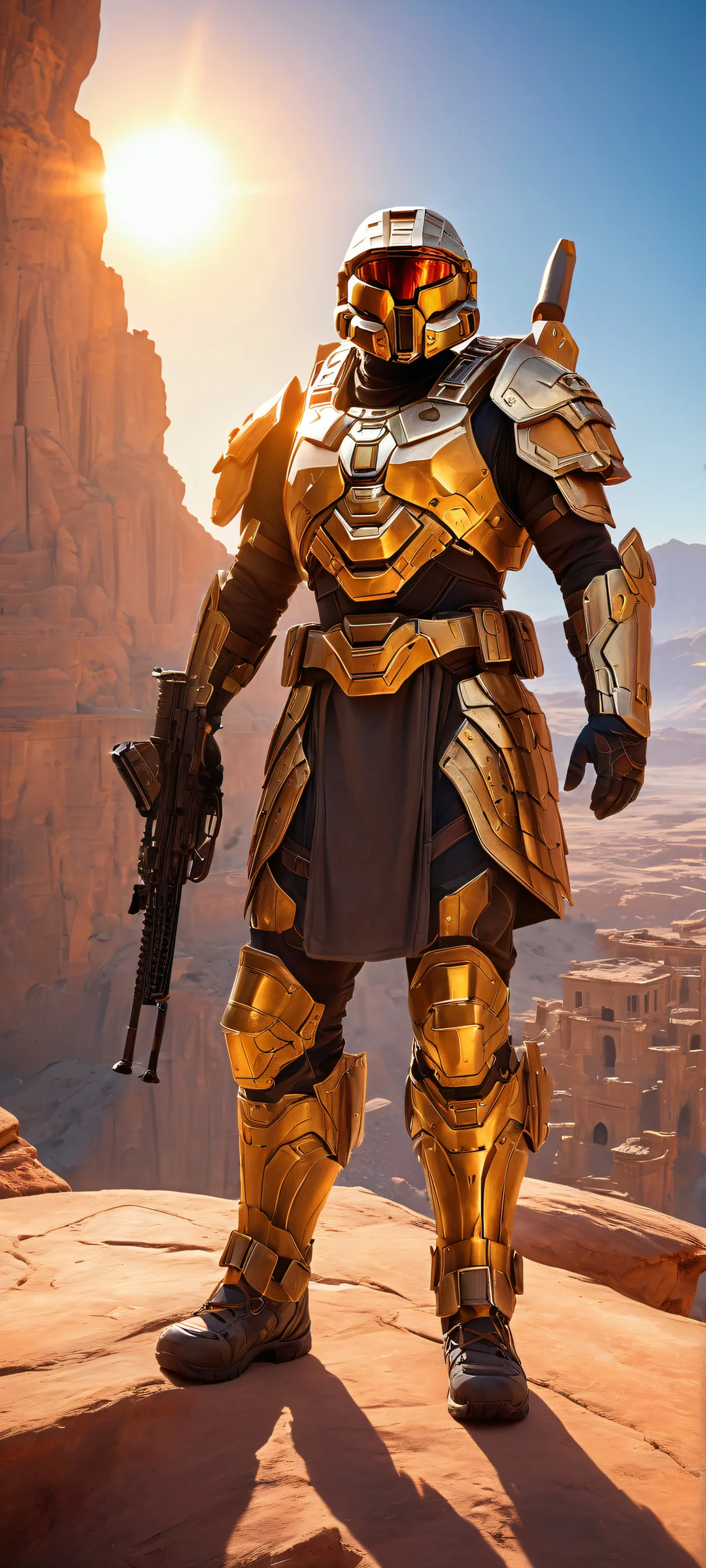 Majestic warrior standing in ruins of ancient world on iPhone/Android wallpaper.