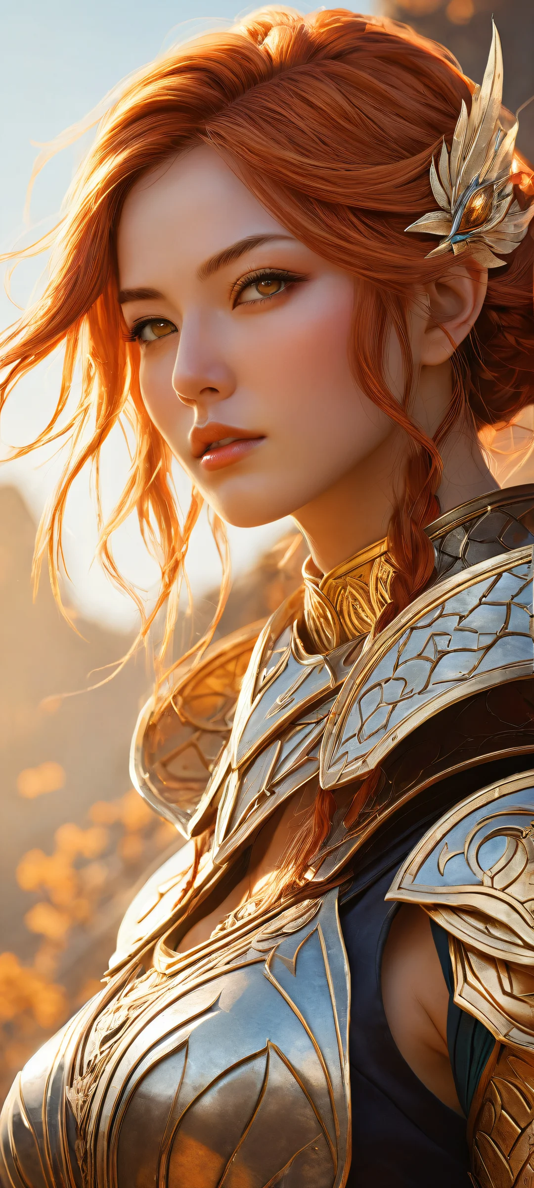 A stunning portrait of a lone warrior from Genshin Impact, perfeitamente otimizado para telas iniciais de iPhone e Android. Her amber hair glows in the radiant light as the top half of the artwork remains clean and empty.