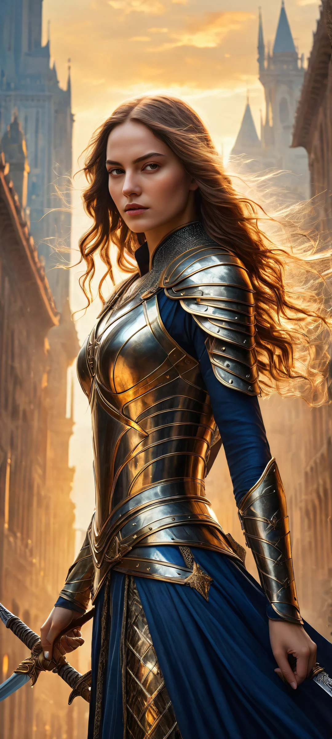 A breathtaking vertical portrait artwork of a woman with swords on her iPhone or Android device.