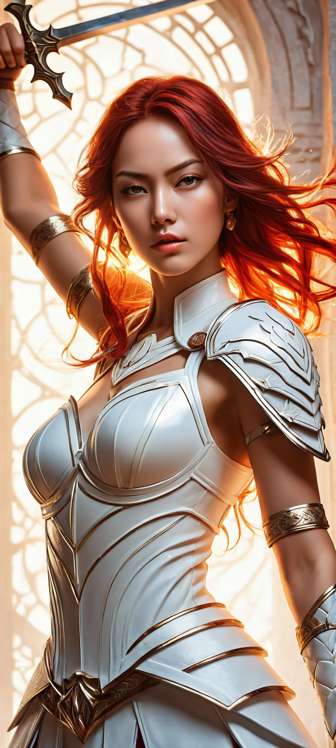 Anime warrior woman with intricate micro-details of her sword and armor on a dynamic anime-inspired background for iPhone/Android home screens.