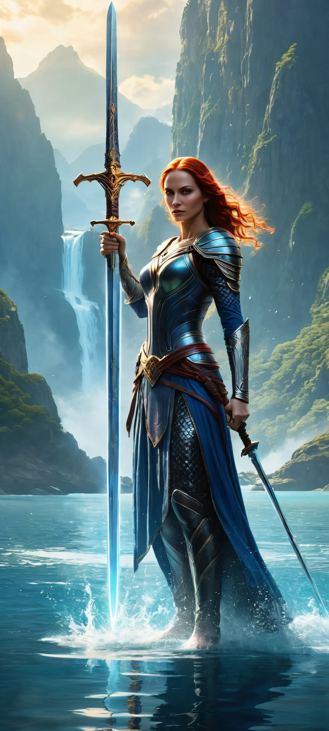 A heroic woman wielding a glowing sword on an iPhone or Android phone background with mystical water reflection and ethereal lighting.
