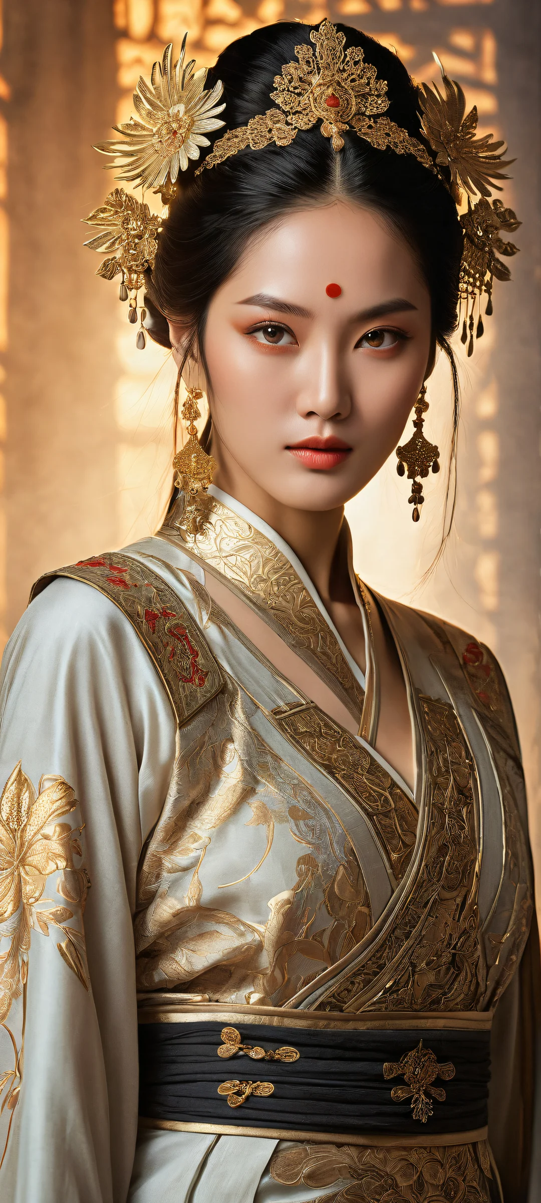 Ethereal Warrior QHD Smartphone BackgroundiPhone/Androidのホーム画面に完全に最適化 Regal warrior woman with intricate details and ethereal lighting, perfectly optimized for iPhone/Android home screens.