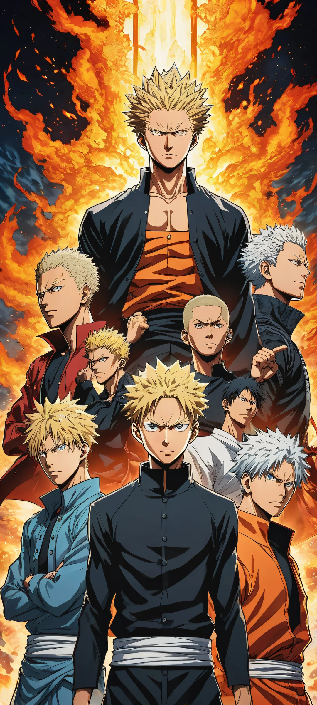 A group of powerful anime boys, including the blonde protagonist from Jujutsu Kaisen, set against a perfectly clean and empty top half, with vast pure voids, on an iPhone/Android home screen.