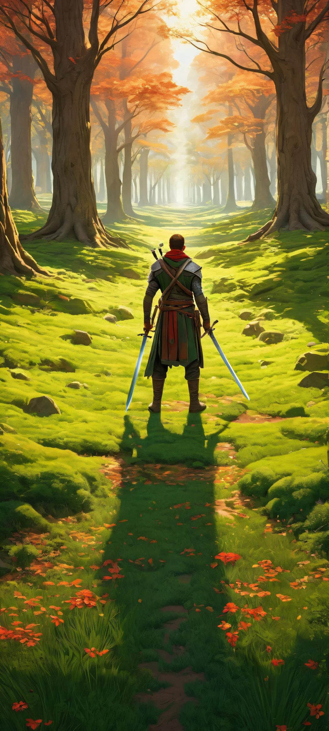 A breathtaking digital artwork of men with swords set against a vast pure void with a lush green landscape below, perfectly optimized for iPhone and Android home screens.