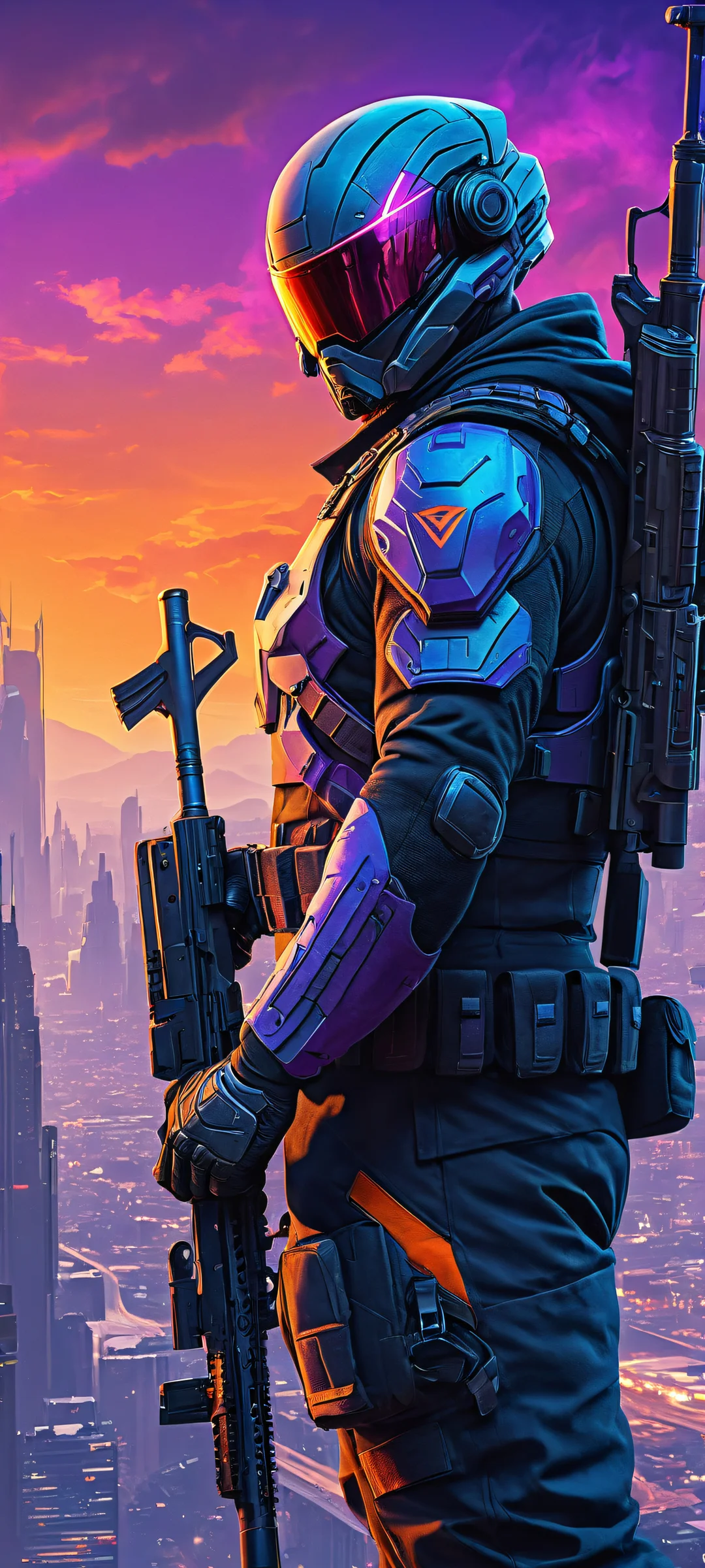iPhone and Android users alike will be mesmerized by this stunning portrait artwork featuring video game warriors in a futuristic cityscape, perfectly optimized for your home screen.