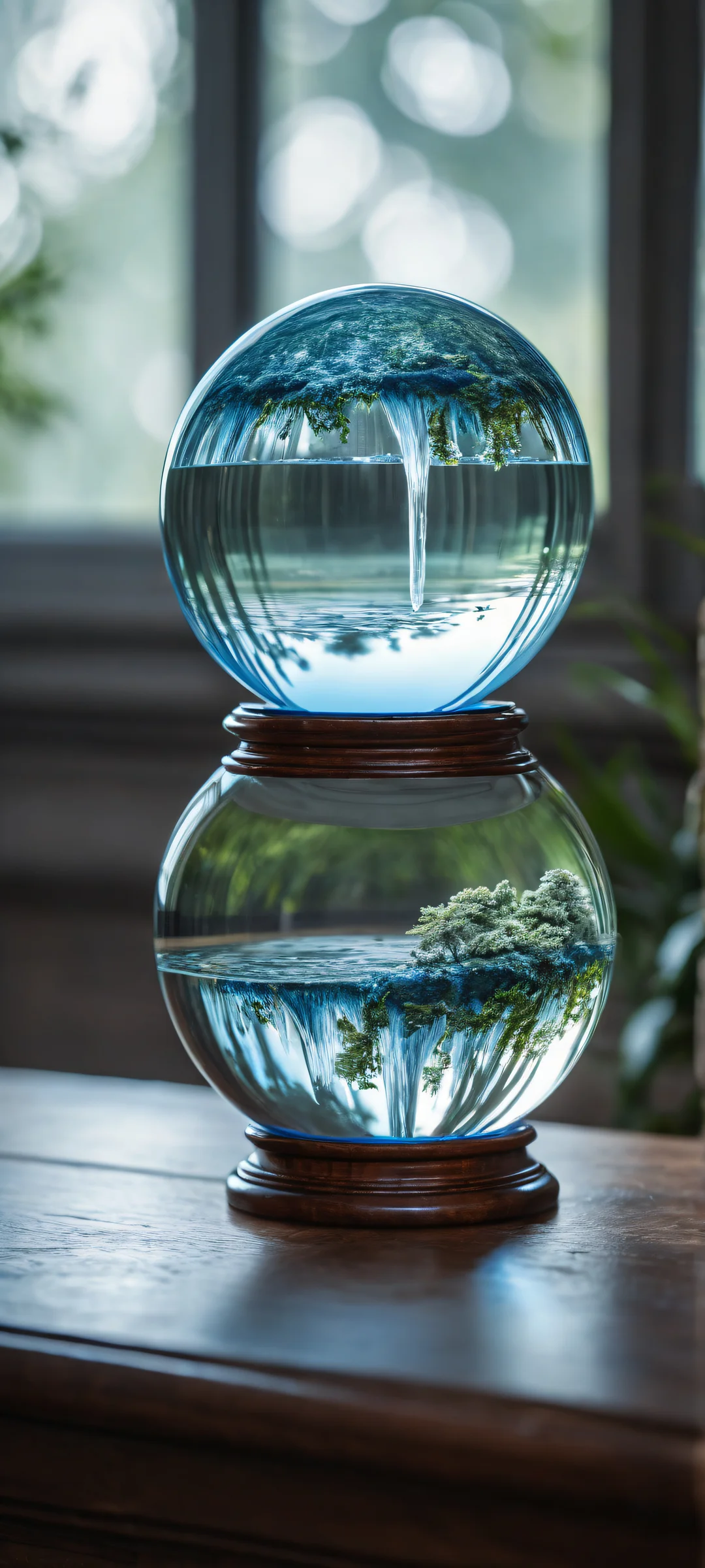 iPhone and Android users alike will be mesmerized by this stunning vertical portrait artwork of a waterfall, complete with intricate micro-details and perfectly clean top half. The old crystal ball on the wooden table adds an air of mysticism.