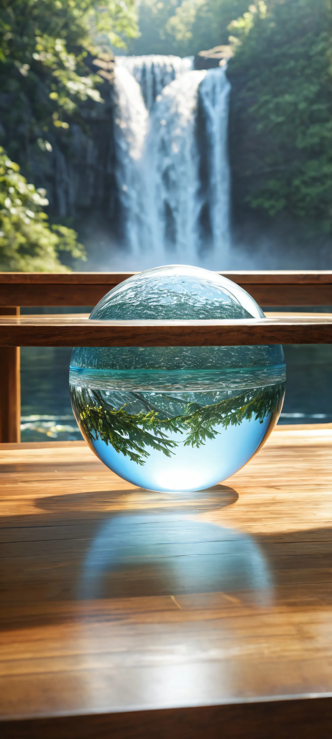 A breathtaking vertical portrait of a waterfall on an iPhone/Android screen, featuring intricate crystal balls and wooden table details.