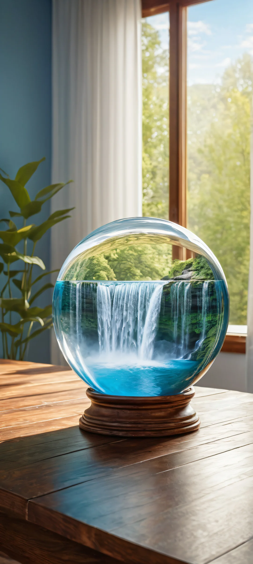 iPhone/Android compatible mythic waterfall art featuring intricate details and radiant reflections.