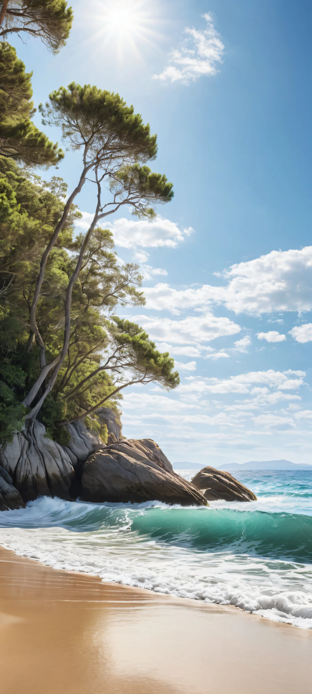 A serene iPhone/Android wallpaper featuring waves in the lower-middle with intricate details, set against a majestic landscape with trees and sky.