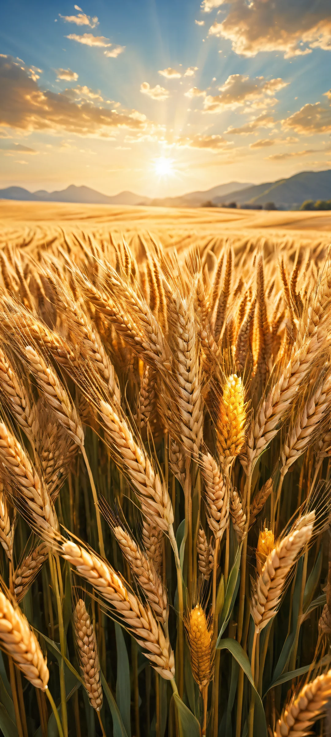 Majestic wheat field on iPhone or Android home screen, with serene landscape and radiant sunlight