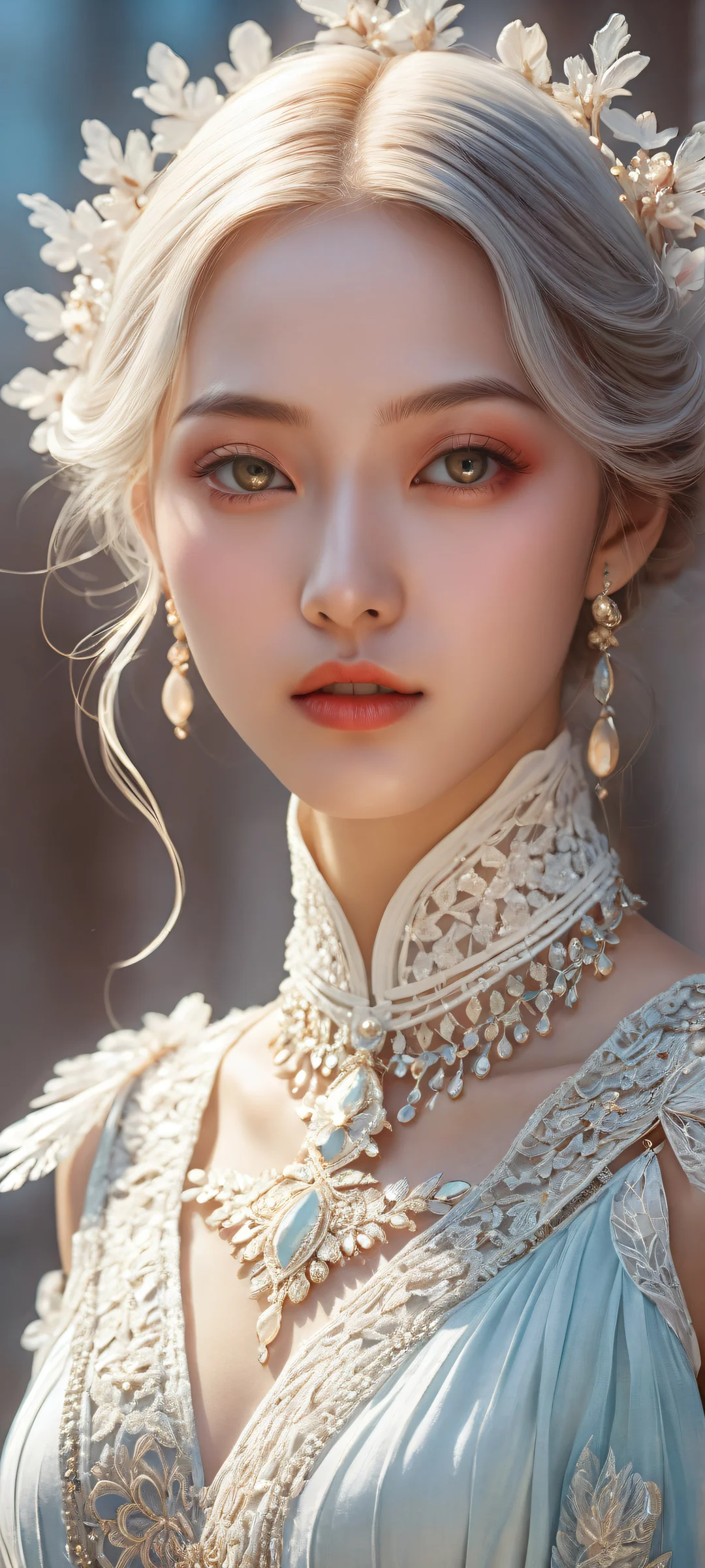 A young girl with intricate details on her clothing and accessories placed in the lower-middle against a vast pure void, perfectly optimized for iPhone/Android home screens.