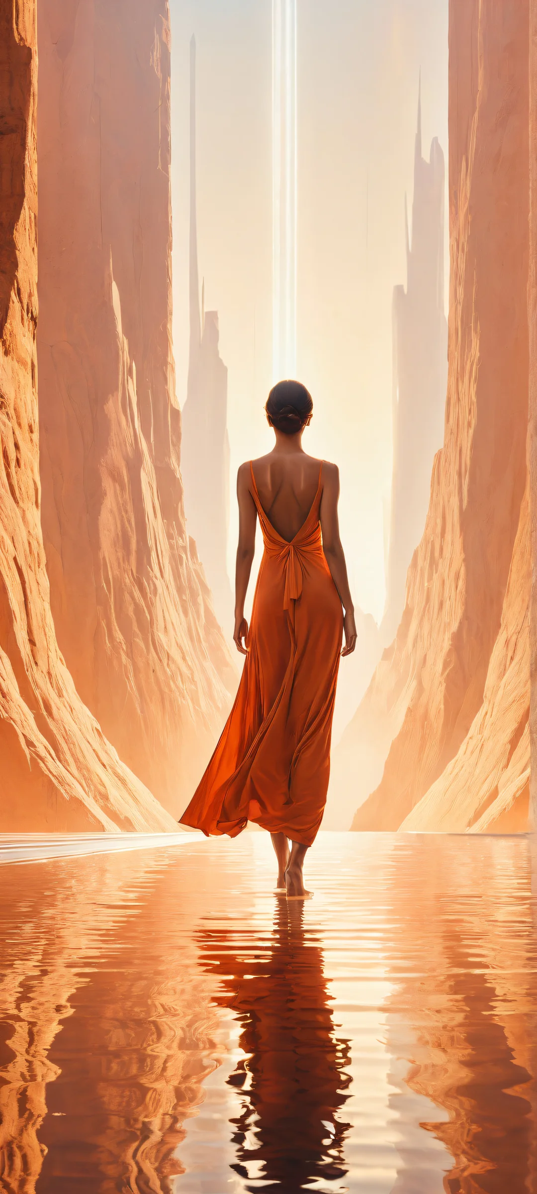 Ethereal Whimsy QHD Smartphone Background A serene foxy figure on a futuristic landscape for iPhone/Android home screens, featuring intricate details and soft lighting.