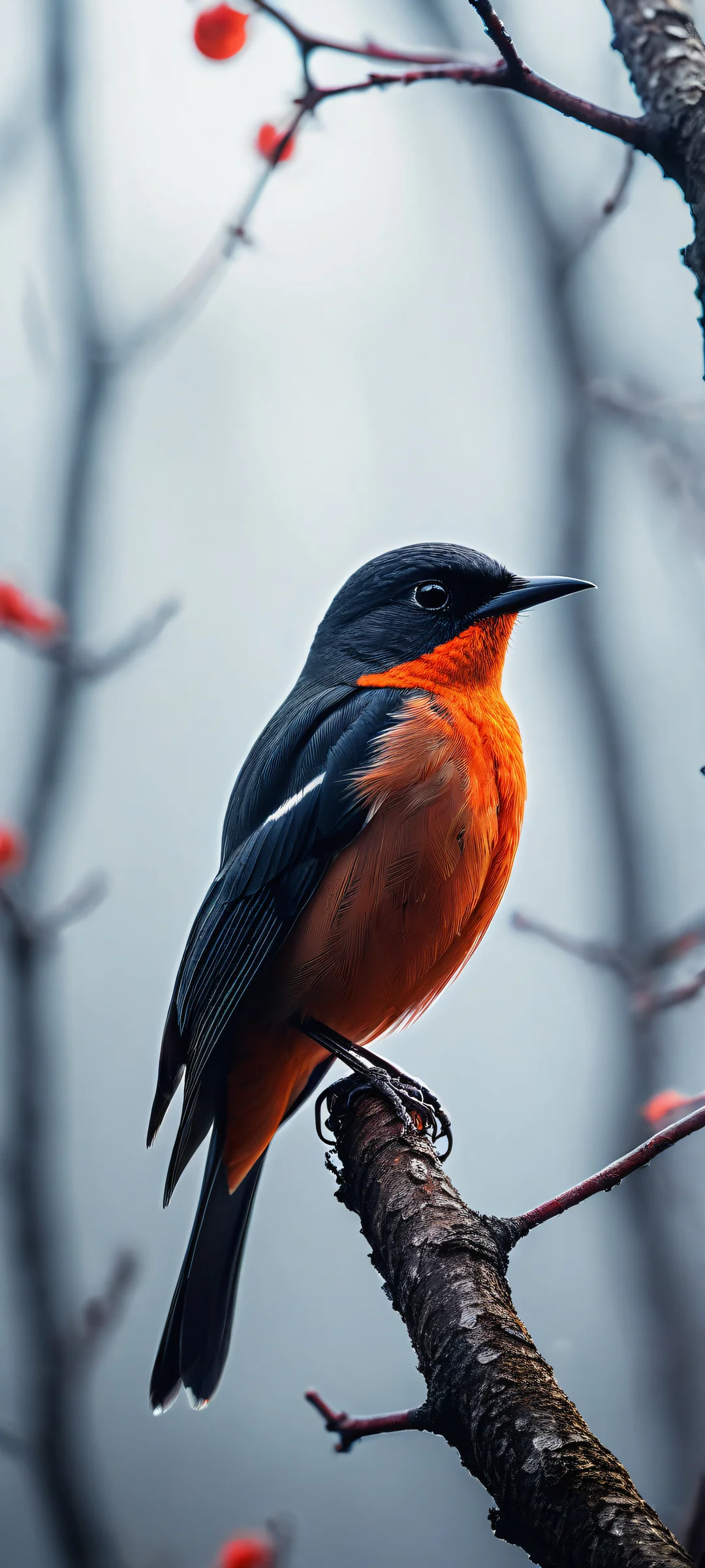 Ethereal Whisper iPhone & Samsung QHD Wallpaper A radiant bird silhouette with glowing eyes lit up in a foggy tree scene, perfectly optimized for iPhone and Android home screens.