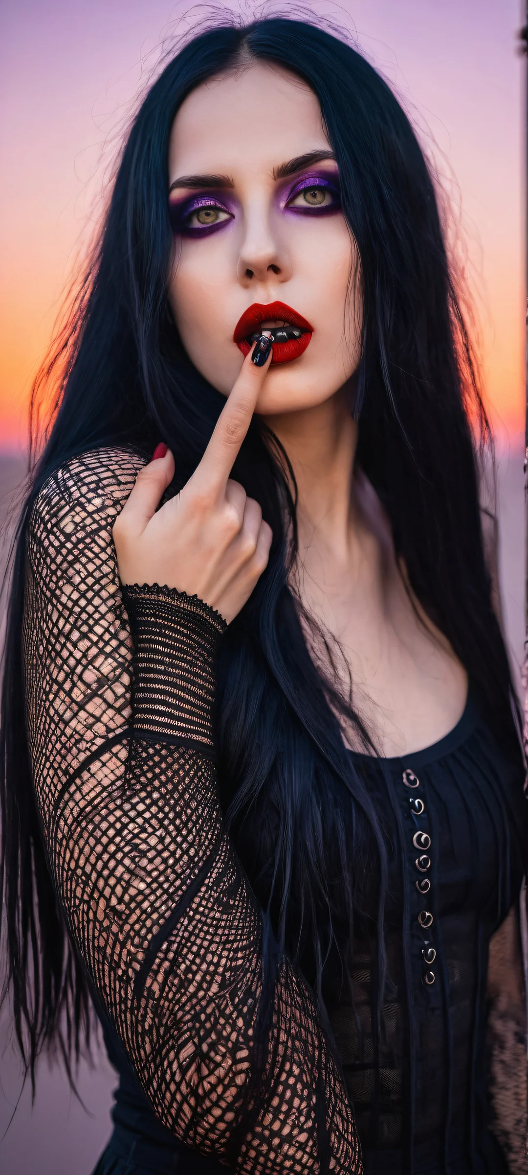 Ethereal Whisper QHD Smartphone Background Young goth woman with a mysterious smile, iPhone/Android wallpaper with glitched censor bar, dark blues and purples, ethereal lighting.