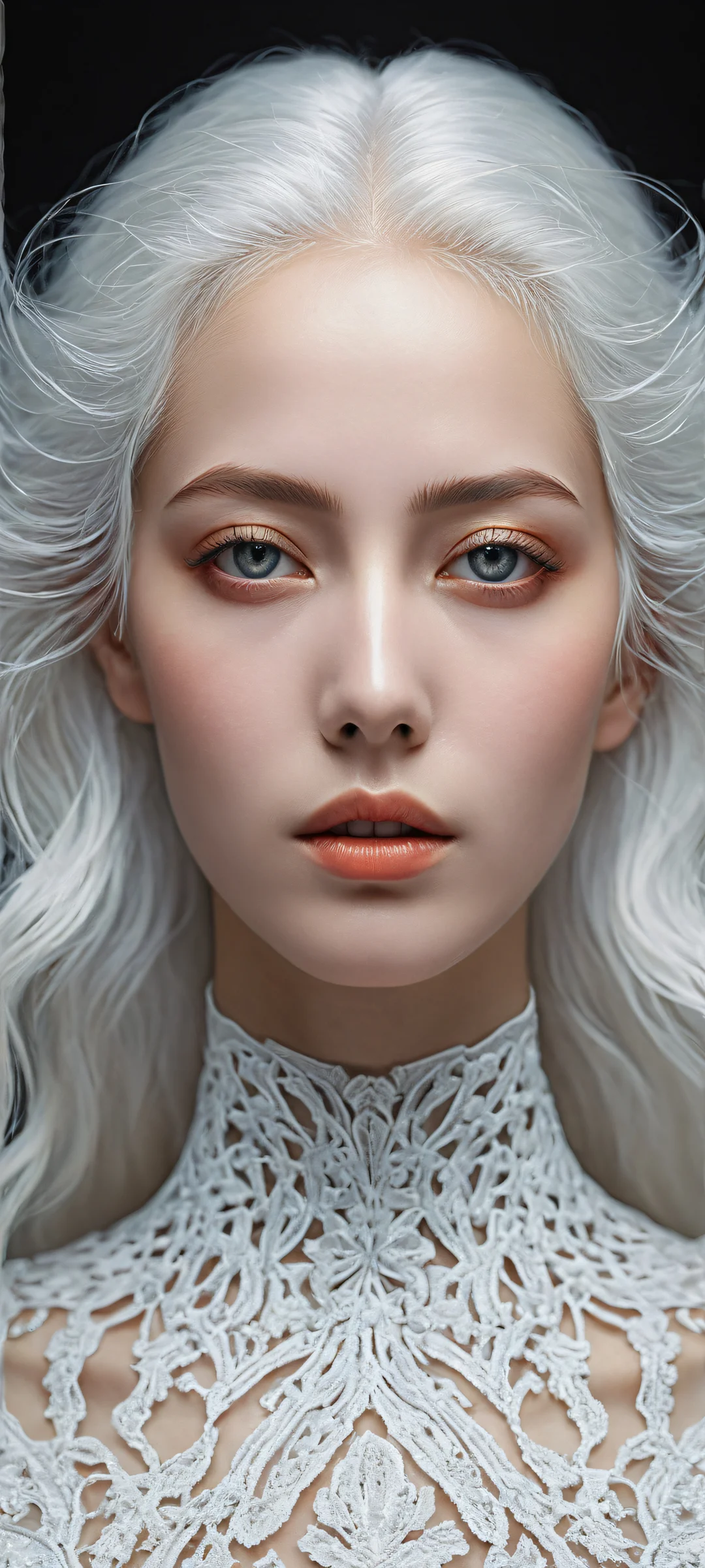 A serene figure with striking black eyes and snowy white hair, perfectly optimized for iPhone/Android home screens.