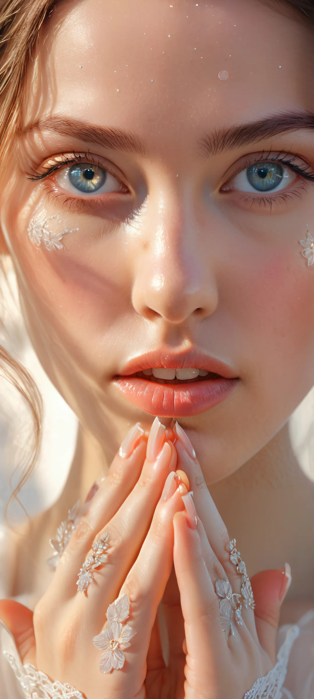 iPhone and Android owners will be mesmerized by this breathtaking portrait of a girl with intricate micro-details on her eyes and fingers, set against a pure void that seamlessly integrates with UI widgets.