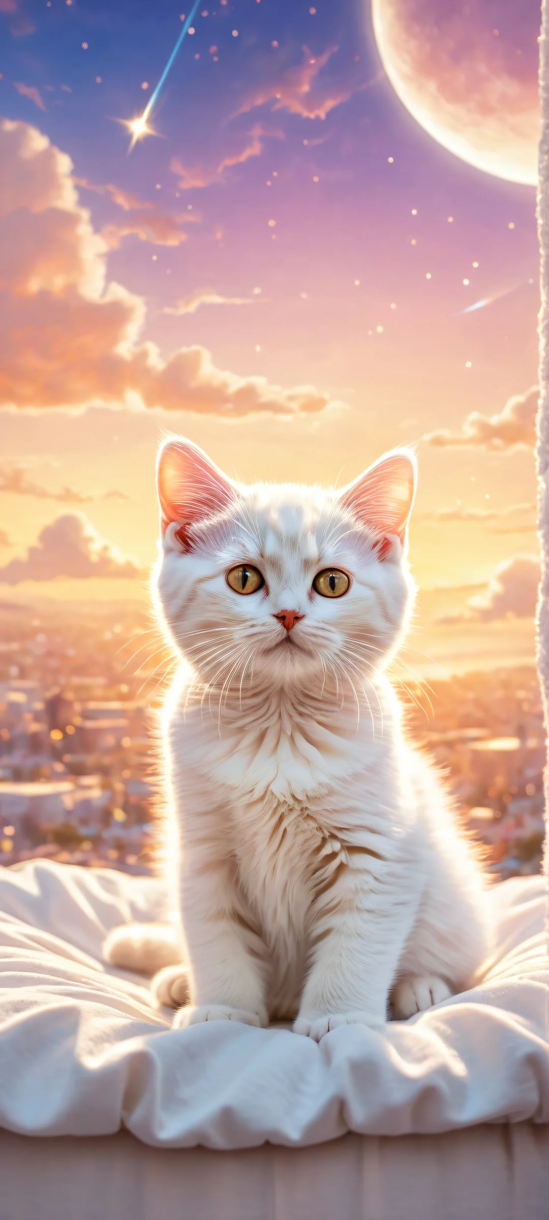 A serene kitten portrait with micro-details and radiant colors for iPhone/Android.