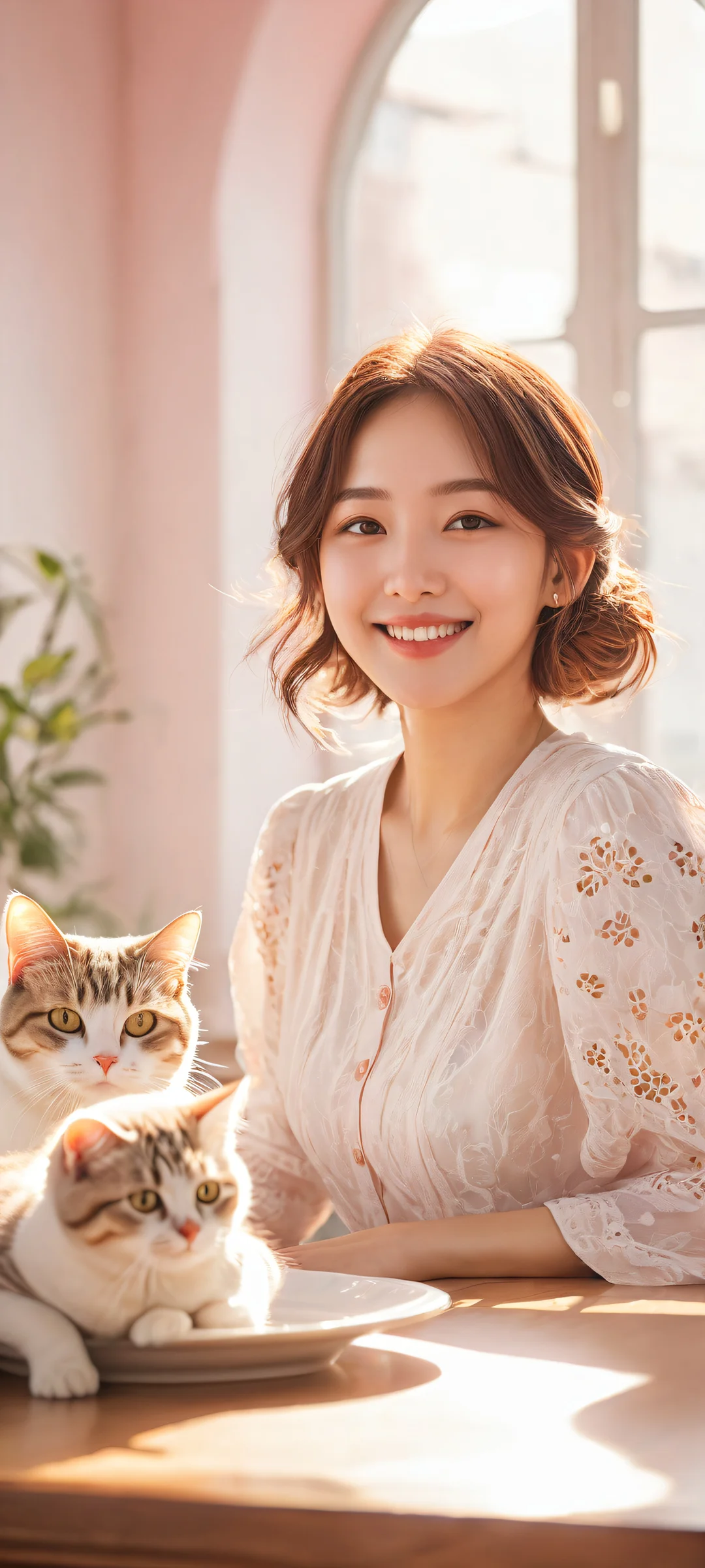 Anime girl Junpaku Karen smiling and looking back over her shoulder surrounded by adorable cats eating together at a table. Perfectly optimized for iPhone, Samsung Galaxy, and Android home screens.