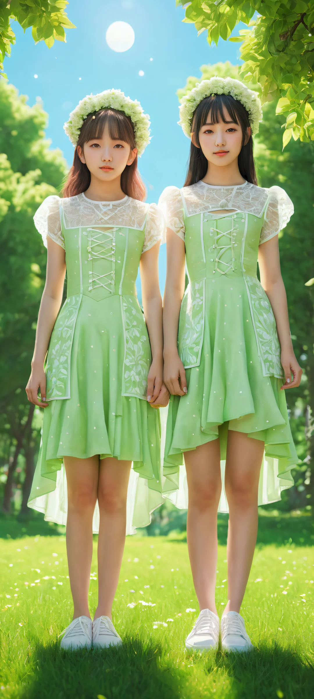 A pair of kawaii girls standing in a lush green grassy area on an iPhone/Android home screen, with intricate micro-details and ray-traced reflections.