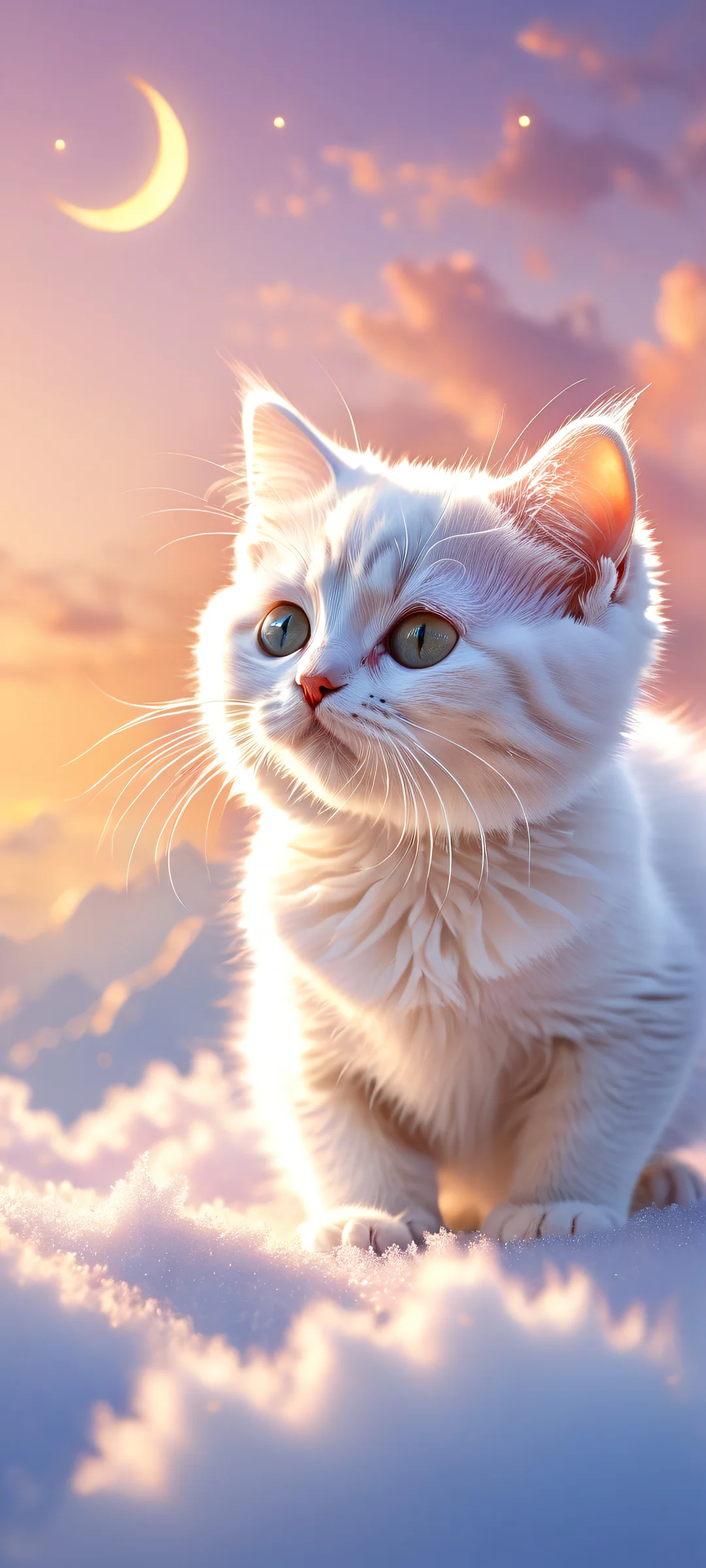 Dreamy kitten outline with crescent moon body and shooting stars on a clean and empty background perfect for iPhone/Android home screens.