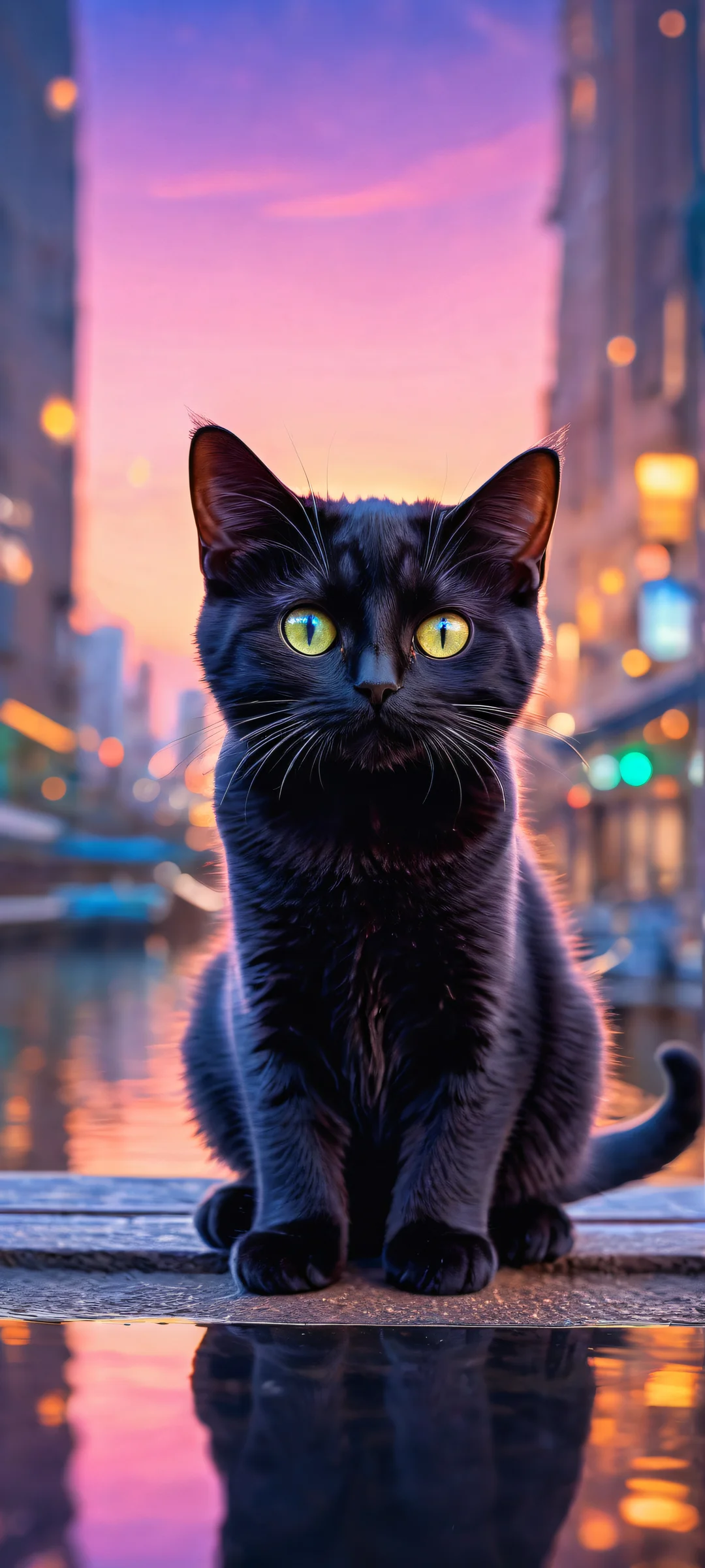 A stunning chibi anime cat with big eyes and intricate details sits on a park bench, surrounded by vibrant 2D fish swimming in neon lights. Perfect for iPhone/Android home screens.