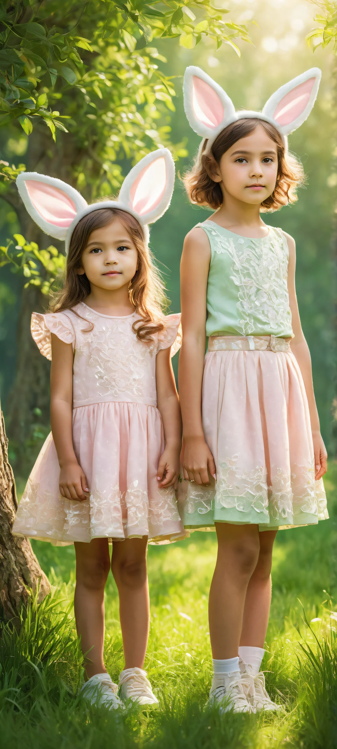 Two adorable girls with animal ears on a serene and majestic tree-lined background, perfectly optimized for iPhone/Android home screens.