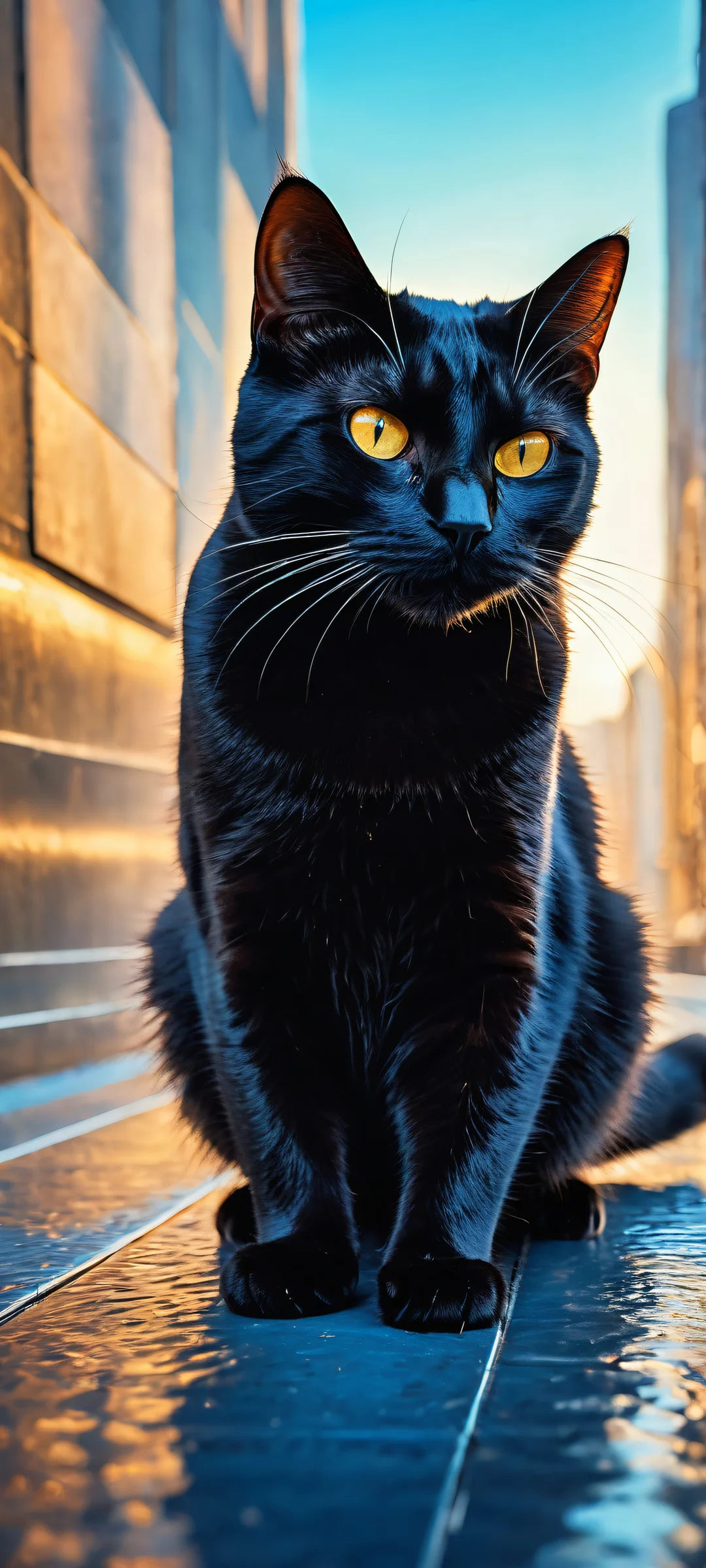 A sleek black cat in a vast digital void, perfectly optimized for iPhone and Android home screens.