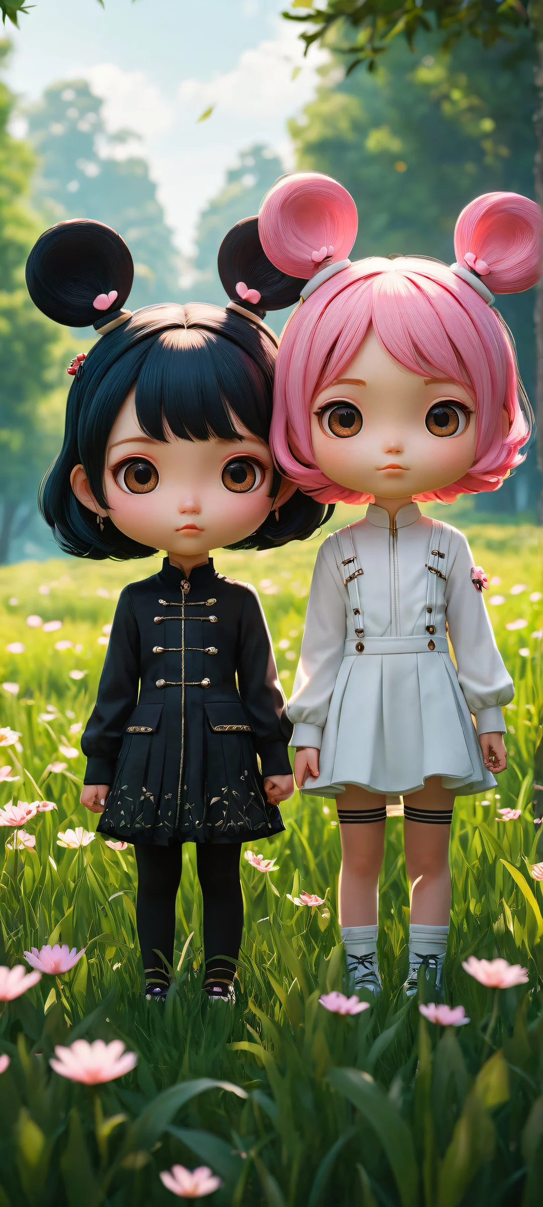Two chibi girls with intricate animal ears and pink hair details on a dark mode background, perfect for iPhone/Android home screens.