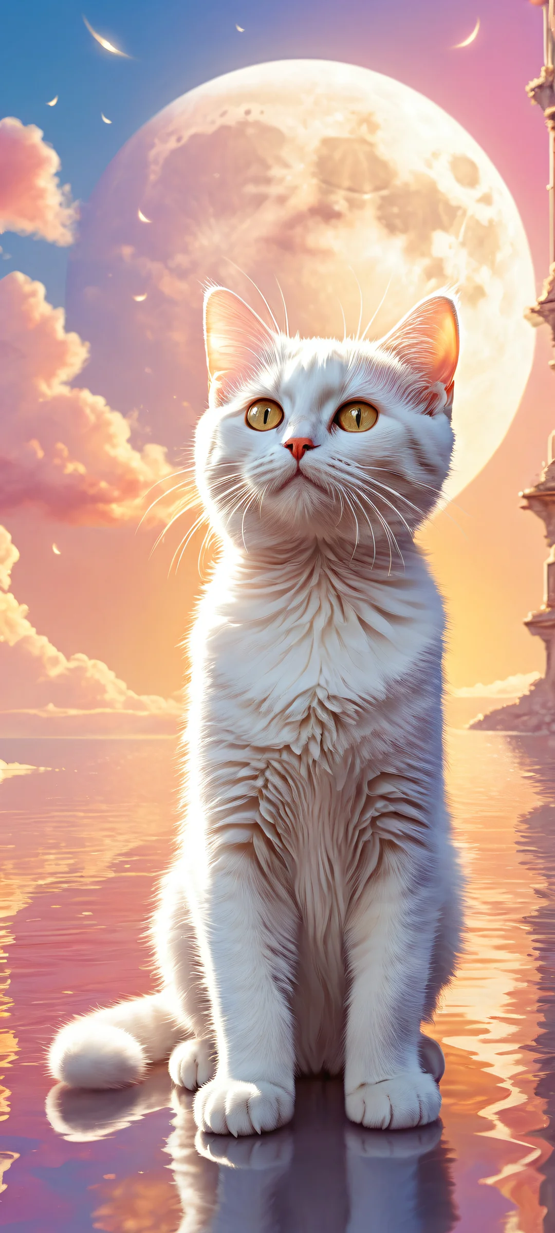 A featureless kitten outline with micro-details and a crescent moon-inspired body, surrounded by fluffy clouds and shooting stars. Perfectly optimized for iPhone, Samsung Galaxy, and Android home screens.