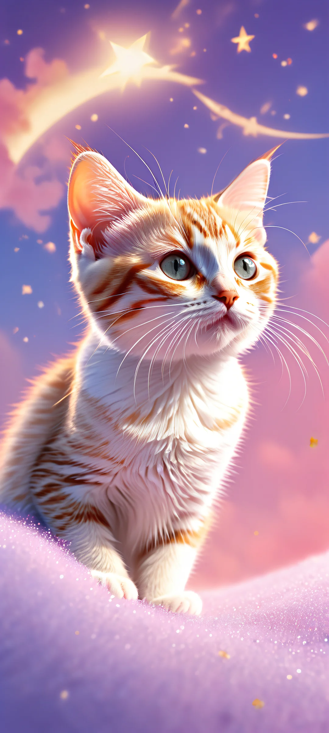 A featureless kitten surrounded by crescent moon, white fluffy clouds, and gold dusted shooting stars, perfectly optimized for iPhone/Android home screens.
