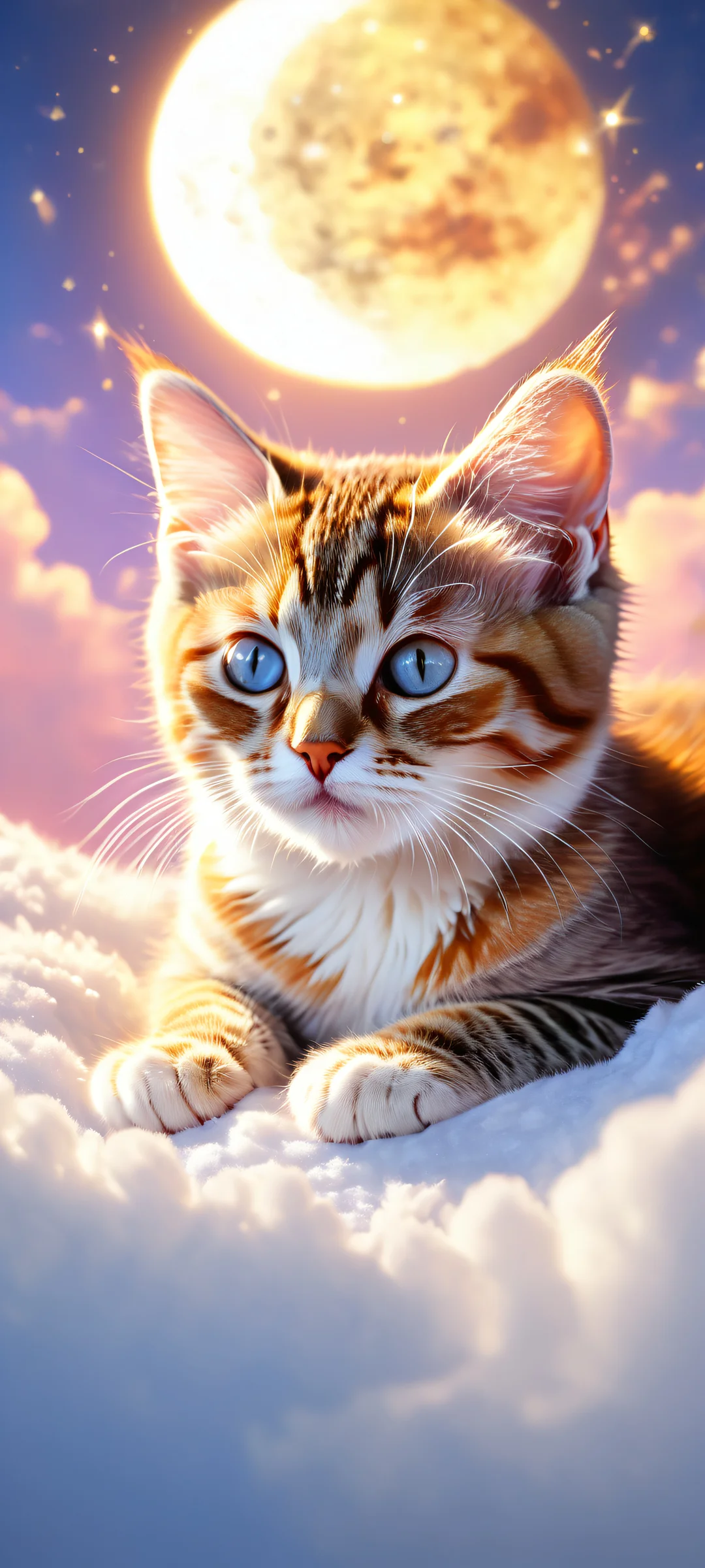 A featureless kitten outline surrounded by a crescent moon body, flauschige Wolken, and shooting stars on a clean background, perfect for iPhone/Android.